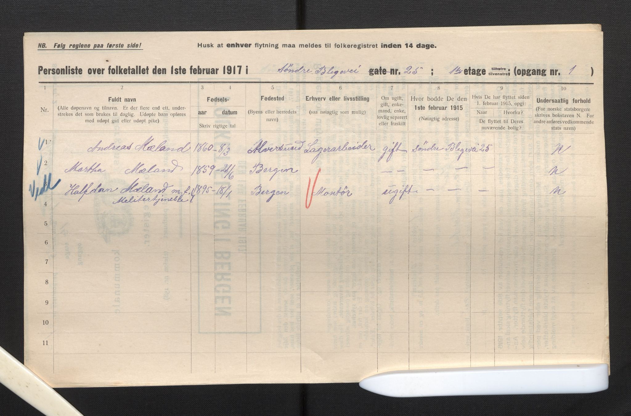 SAB, Kommunal folketelling 1917 for Bergen kjøpstad, 1917, s. 3095