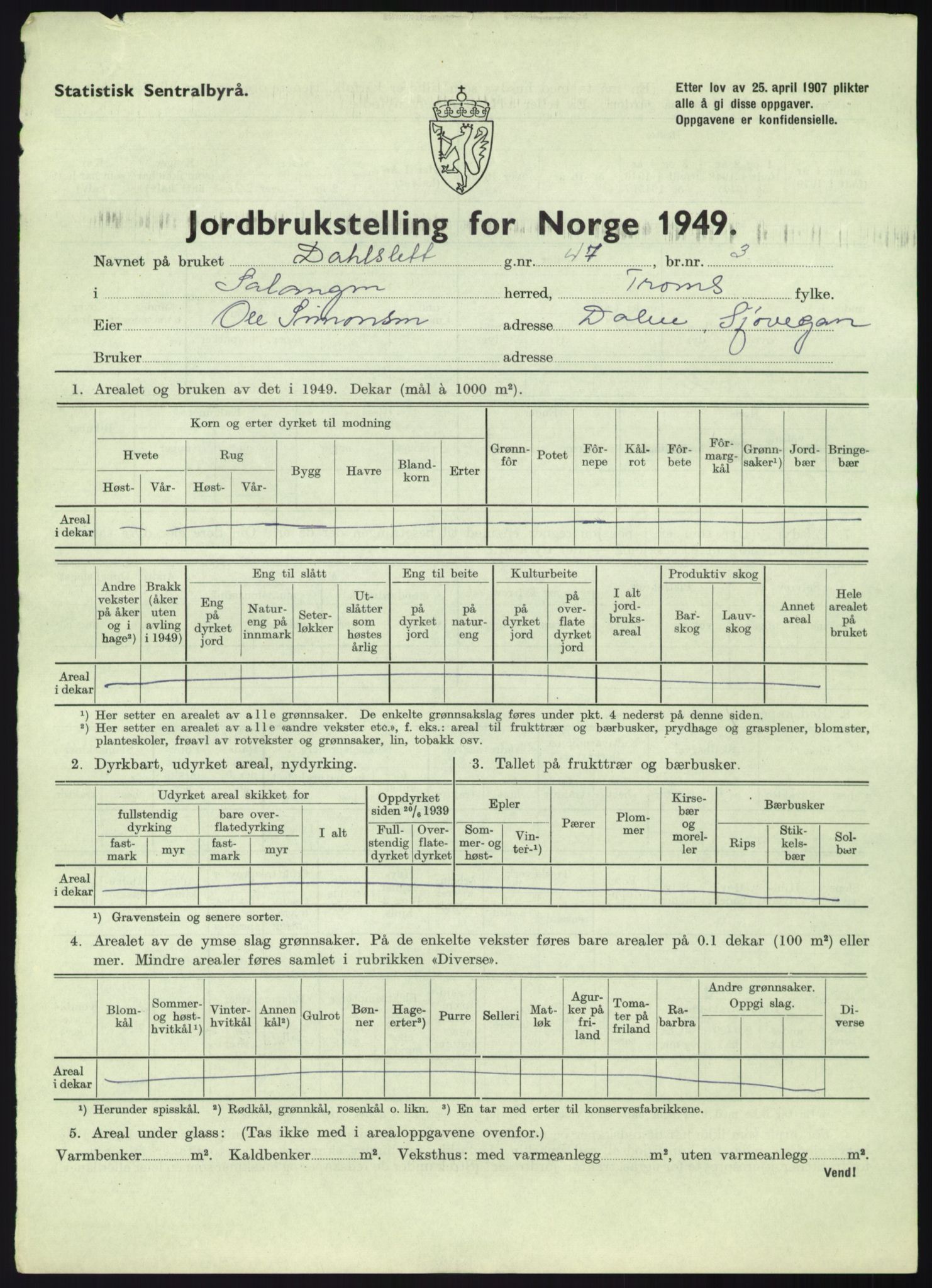 Statistisk sentralbyrå, Næringsøkonomiske emner, Jordbruk, skogbruk, jakt, fiske og fangst, AV/RA-S-2234/G/Gc/L0438: Troms: Salangen og Bardu, 1949, s. 25