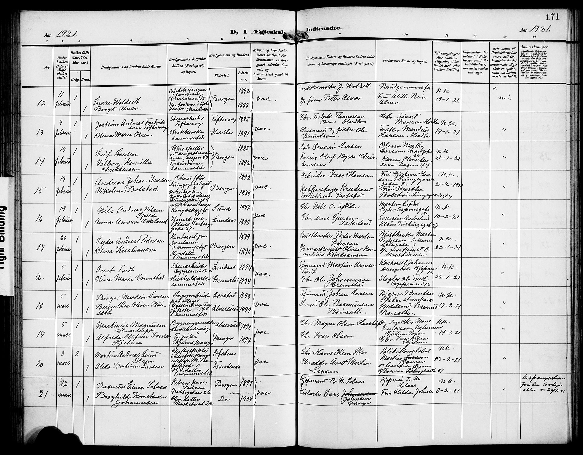 Domkirken sokneprestembete, SAB/A-74801/H/Hab/L0033: Klokkerbok nr. D 5, 1907-1924, s. 171