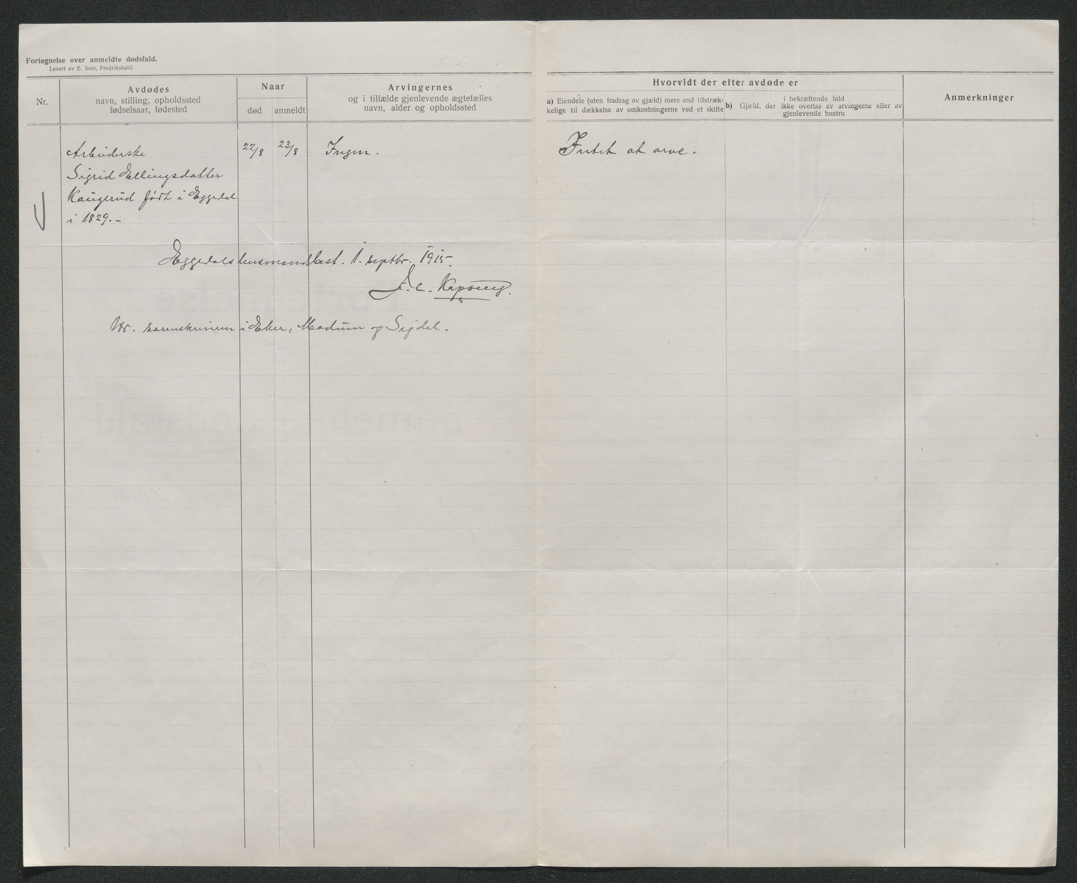 Eiker, Modum og Sigdal sorenskriveri, AV/SAKO-A-123/H/Ha/Hab/L0037: Dødsfallsmeldinger, 1914-1915, s. 702