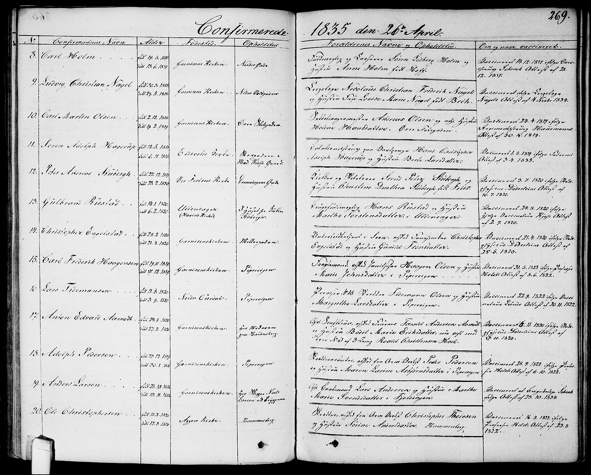 Garnisonsmenigheten Kirkebøker, AV/SAO-A-10846/G/Ga/L0004: Klokkerbok nr. 4, 1828-1840, s. 269