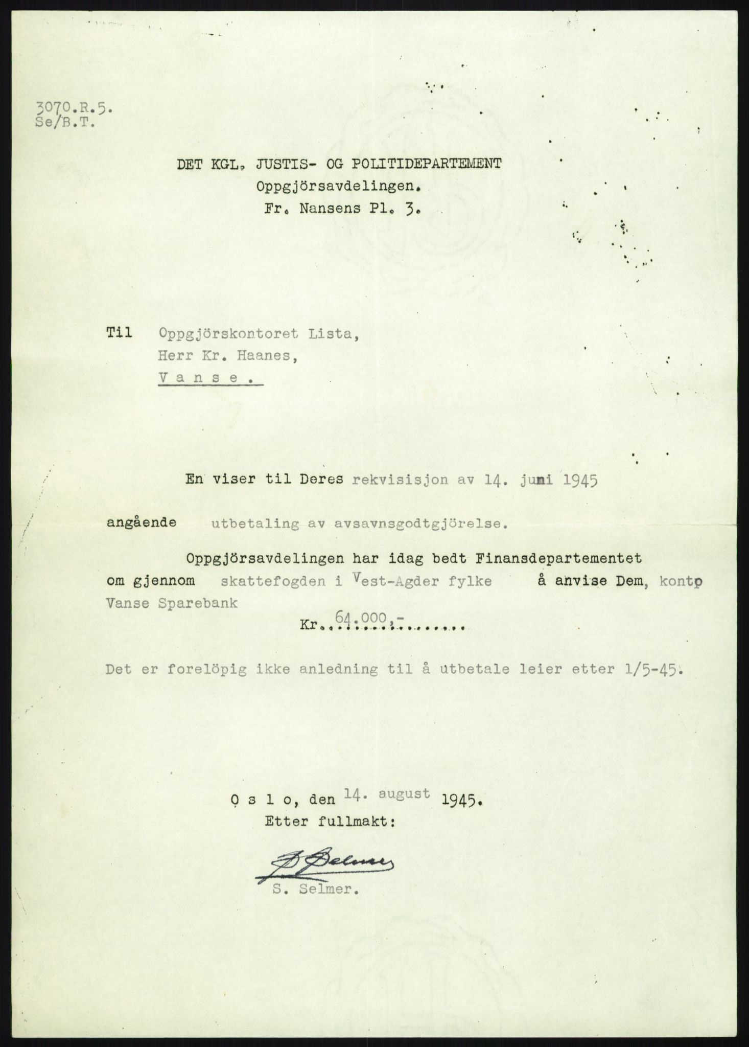Forsvarsdepartementet, 10. kontor / Oppgjørskontoret, AV/RA-RAFA-1225/D/Db/L0180: Lista oppgjørskontor, 1942-1952, s. 78