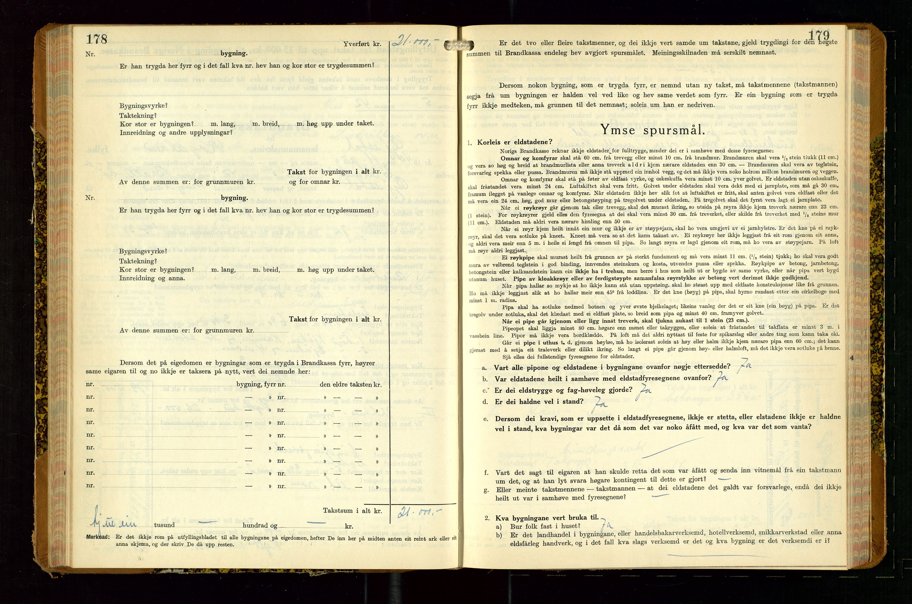 Gjesdal lensmannskontor, SAST/A-100441/Go/L0008: Branntakstskjemaprotokoll, 1937-1955, s. 178-179