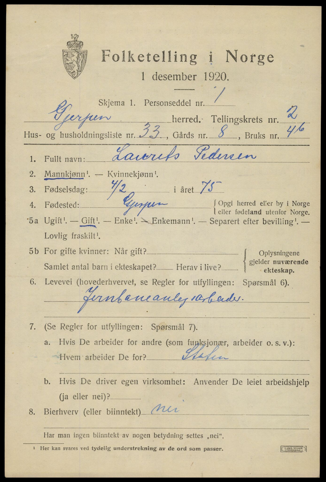 SAKO, Folketelling 1920 for 0812 Gjerpen herred, 1920, s. 4520