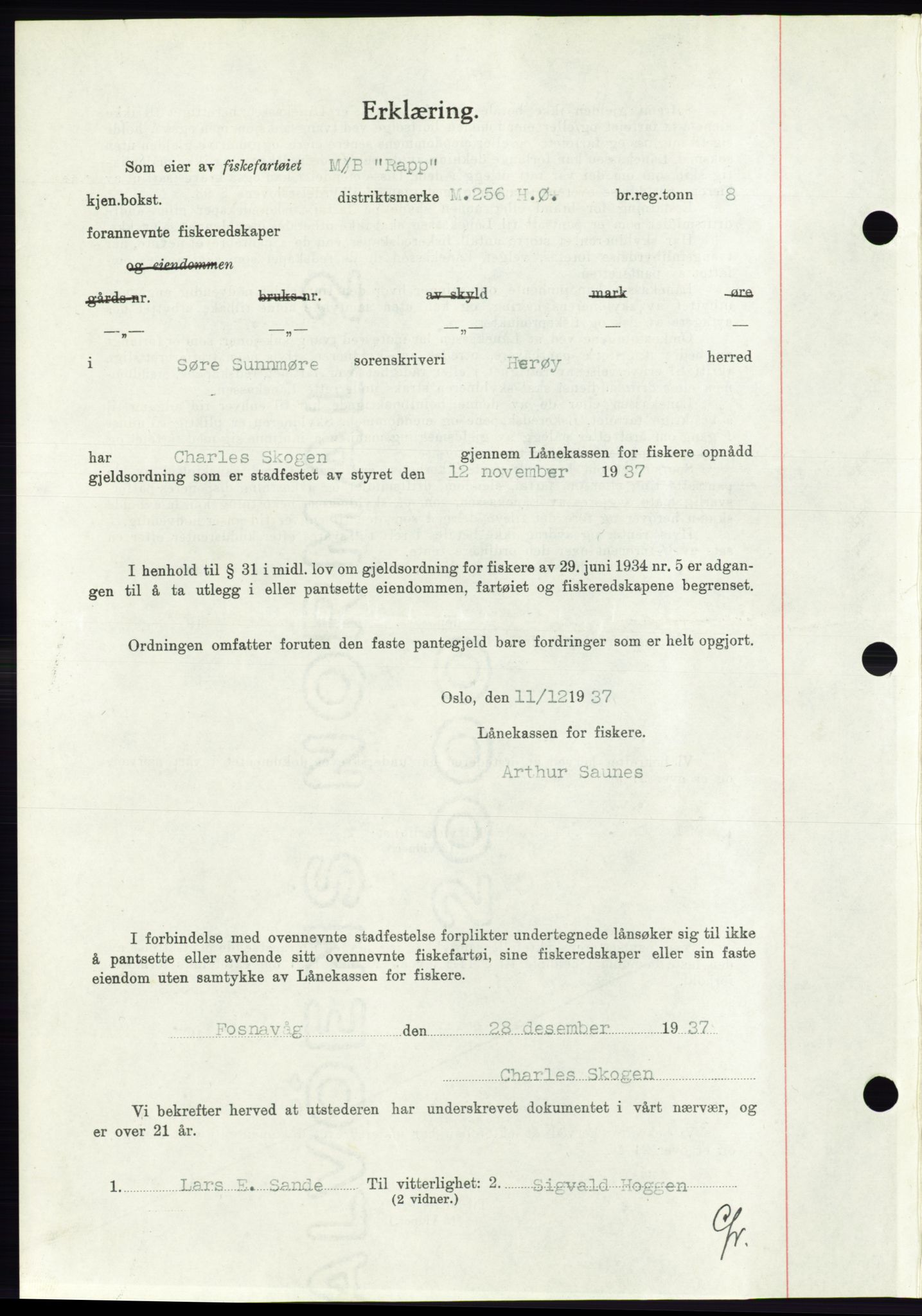 Søre Sunnmøre sorenskriveri, AV/SAT-A-4122/1/2/2C/L0064: Pantebok nr. 58, 1937-1938, Dagboknr: 1991/1937