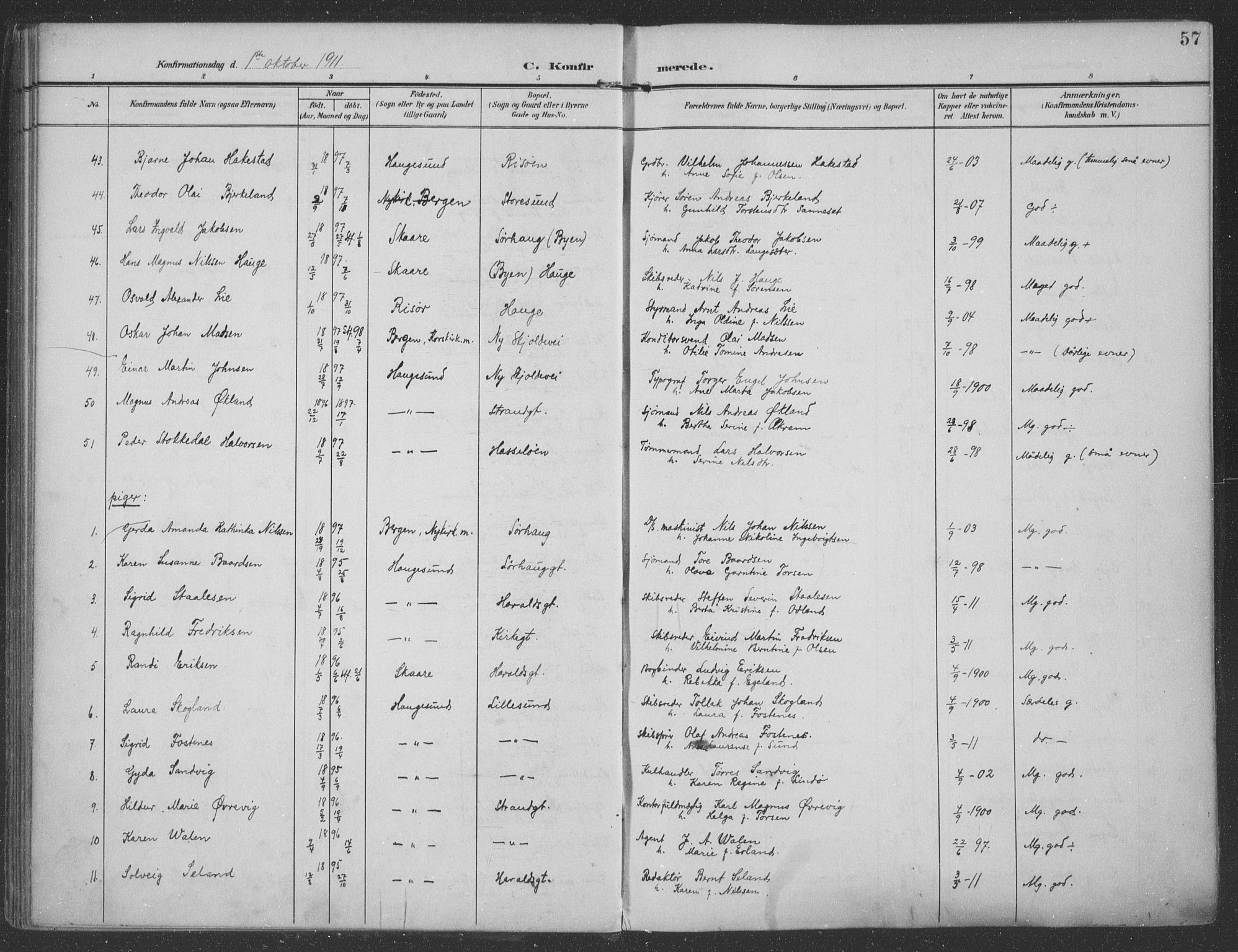 Haugesund sokneprestkontor, AV/SAST-A -101863/H/Ha/Haa/L0007: Ministerialbok nr. A 7, 1904-1916, s. 57