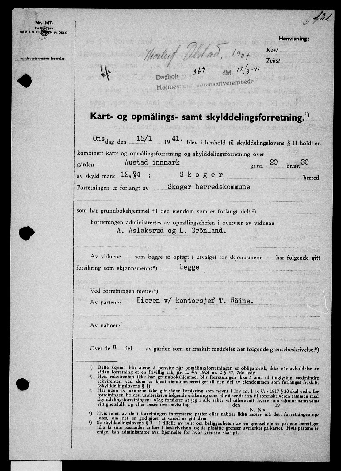 Holmestrand sorenskriveri, SAKO/A-67/G/Ga/Gaa/L0053: Pantebok nr. A-53, 1941-1941, Dagboknr: 367/1941