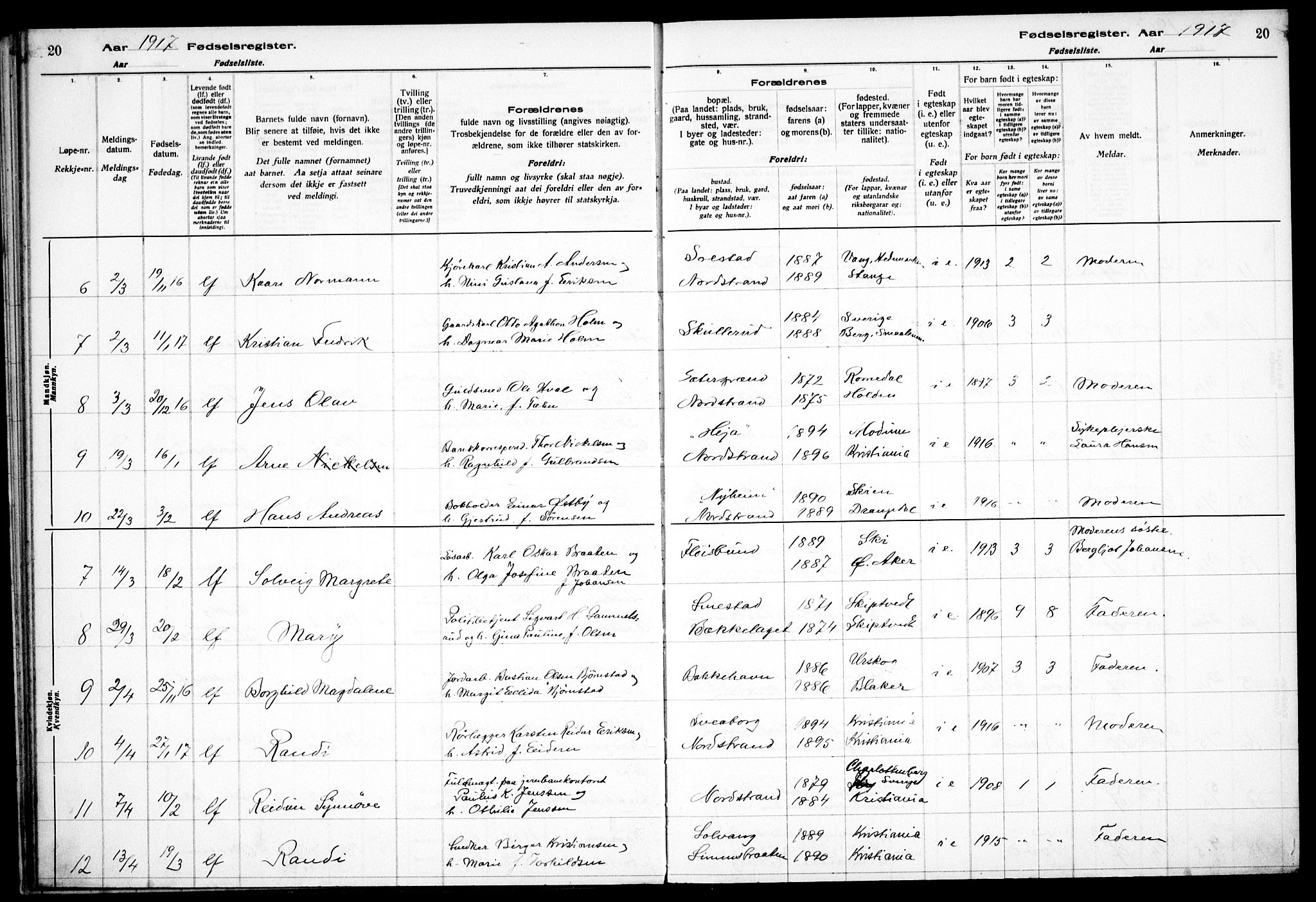 Nordstrand prestekontor Kirkebøker, AV/SAO-A-10362a/J/Ja/L0001: Fødselsregister nr. I 1, 1916-1924, s. 20