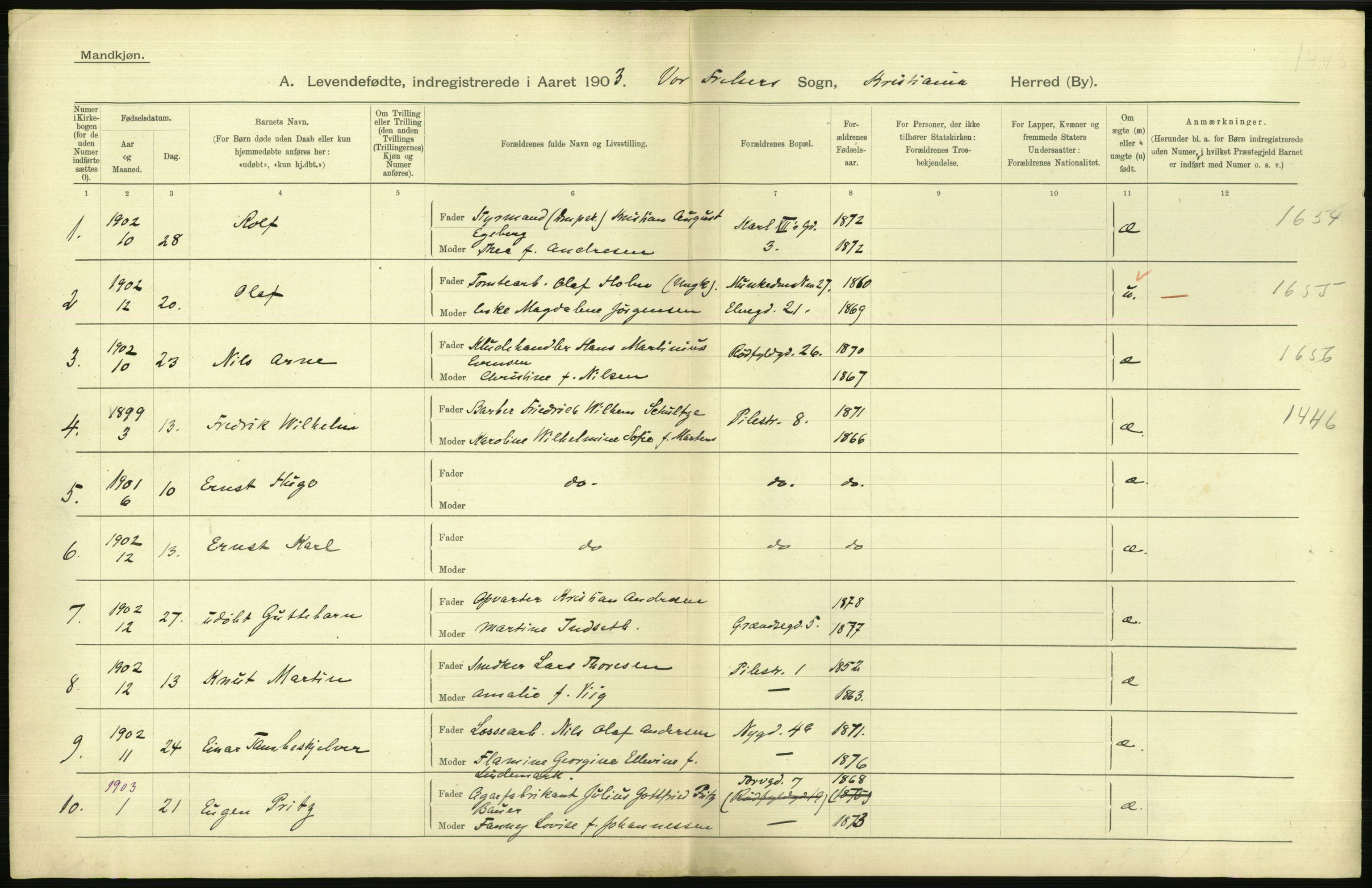 Statistisk sentralbyrå, Sosiodemografiske emner, Befolkning, AV/RA-S-2228/D/Df/Dfa/Dfaa/L0003: Kristiania: Fødte, 1903, s. 458