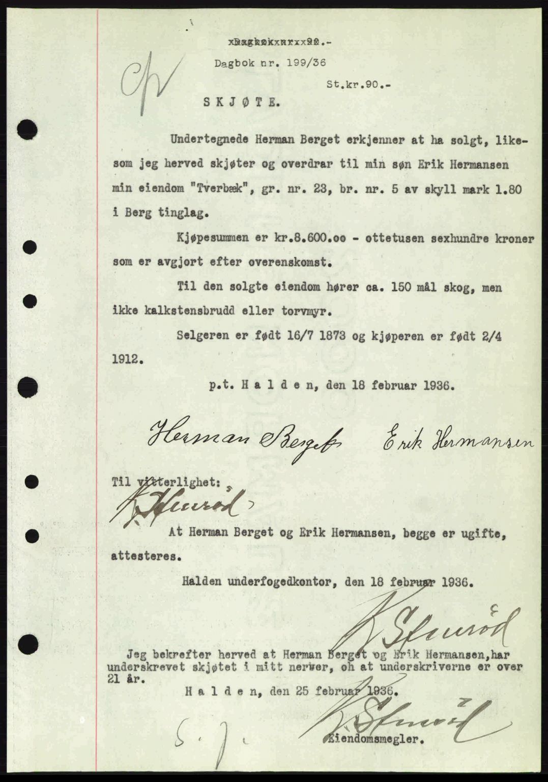Idd og Marker sorenskriveri, AV/SAO-A-10283/G/Gb/Gbb/L0001: Pantebok nr. A1, 1936-1937, Dagboknr: 199/1936