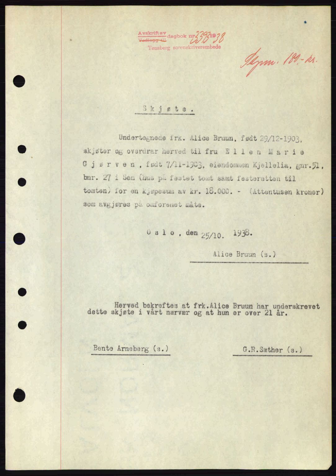 Jarlsberg sorenskriveri, SAKO/A-131/G/Ga/Gaa/L0006: Pantebok nr. A-6, 1938-1939, Dagboknr: 3393/1938
