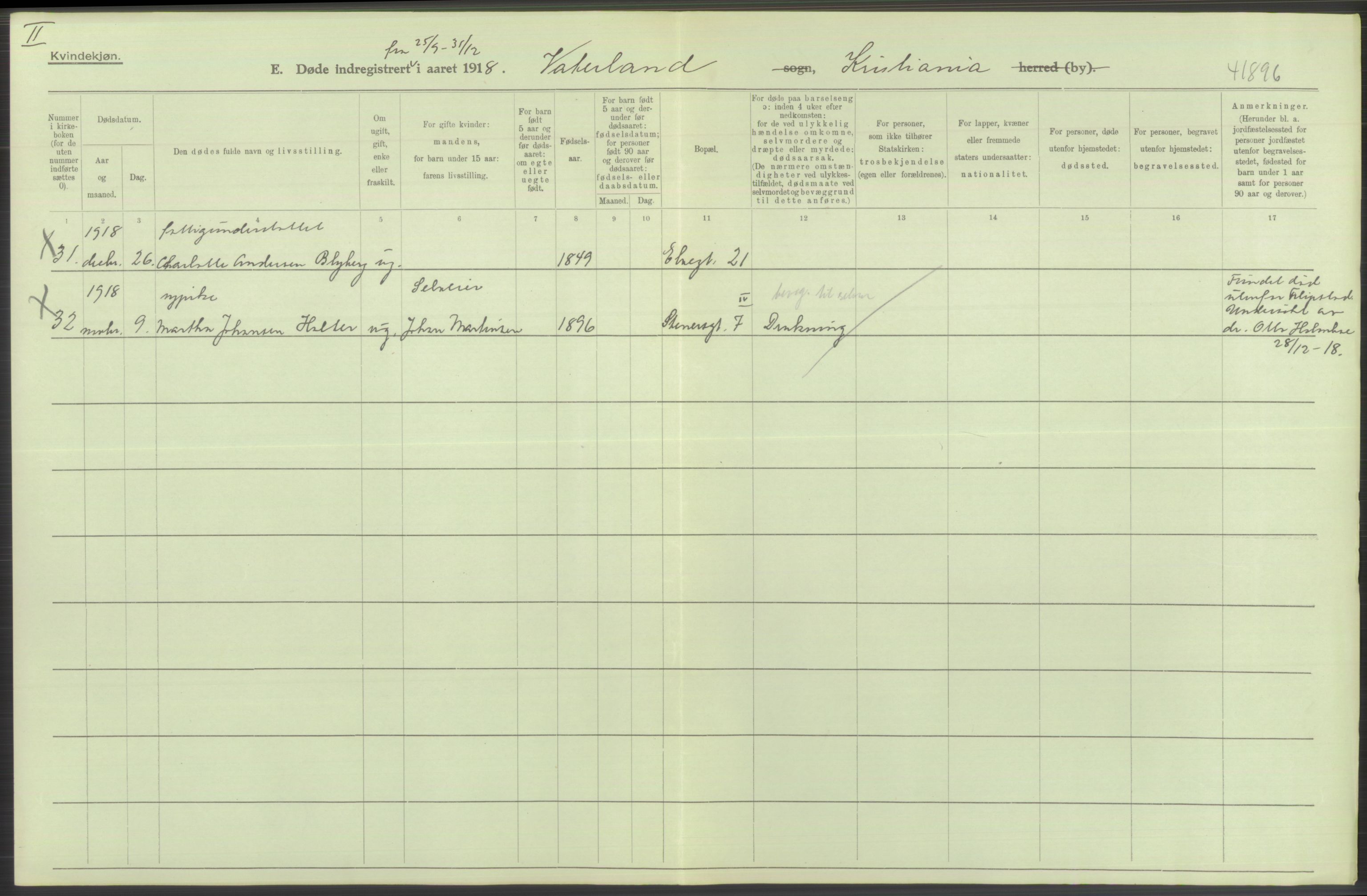 Statistisk sentralbyrå, Sosiodemografiske emner, Befolkning, RA/S-2228/D/Df/Dfb/Dfbh/L0011: Kristiania: Døde, dødfødte, 1918, s. 32