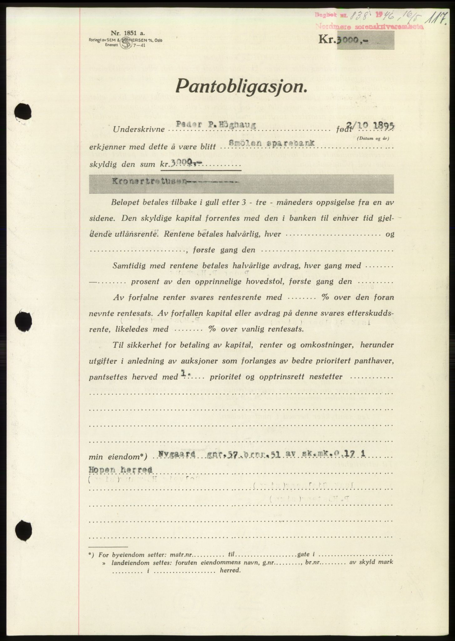 Nordmøre sorenskriveri, SAT/A-4132/1/2/2Ca: Pantebok nr. B94, 1946-1946, Dagboknr: 838/1946