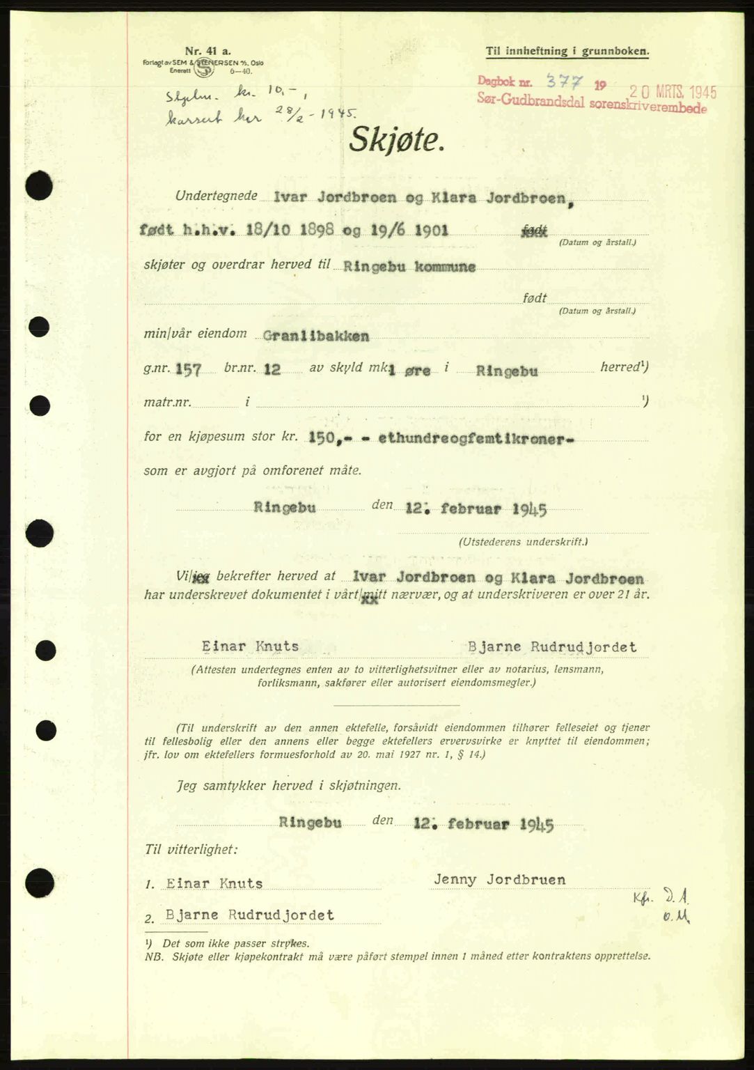 Sør-Gudbrandsdal tingrett, SAH/TING-004/H/Hb/Hbd/L0014: Pantebok nr. A14, 1944-1945, Dagboknr: 377/1945