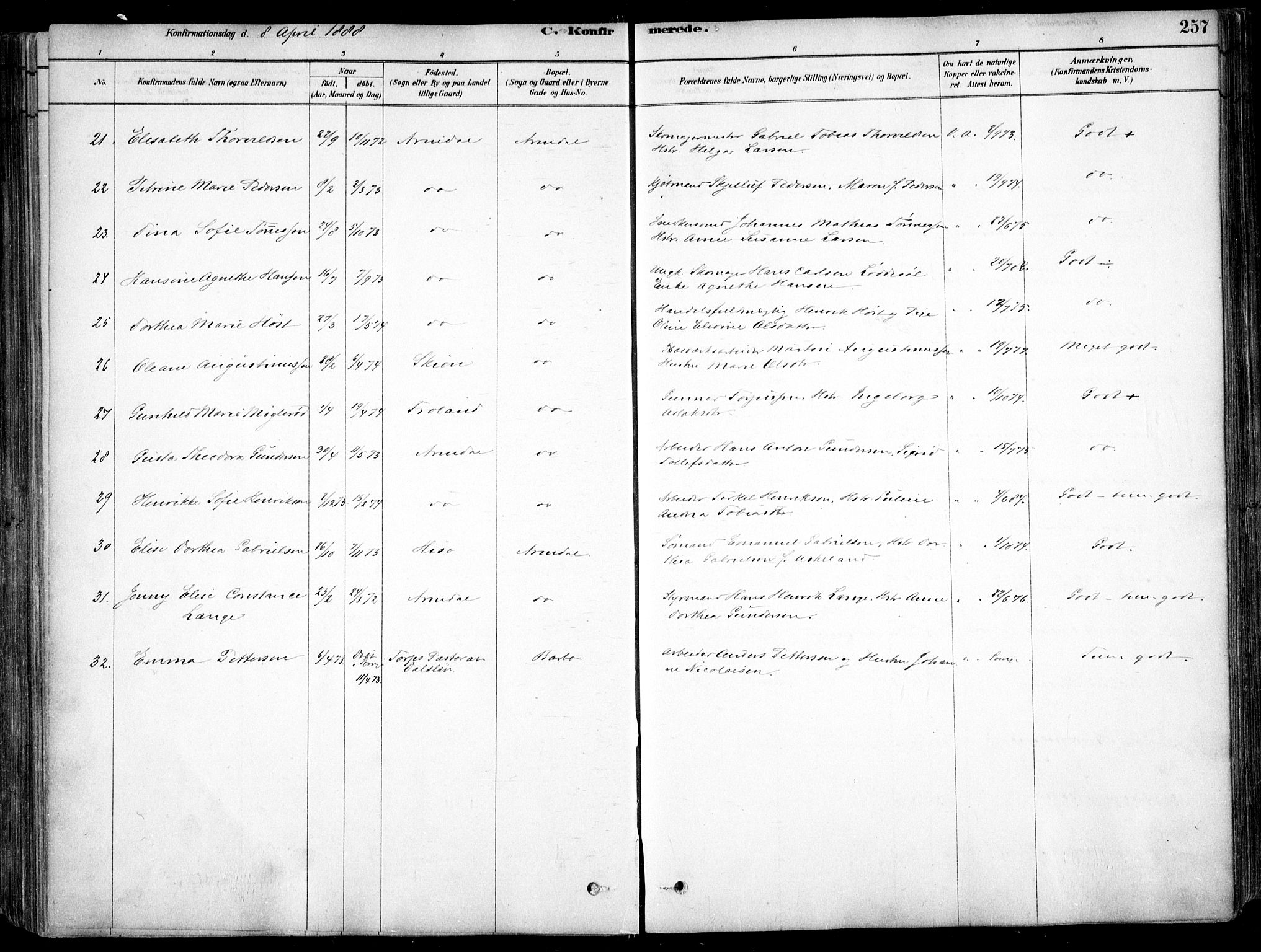 Arendal sokneprestkontor, Trefoldighet, AV/SAK-1111-0040/F/Fa/L0008: Ministerialbok nr. A 8, 1878-1899, s. 257