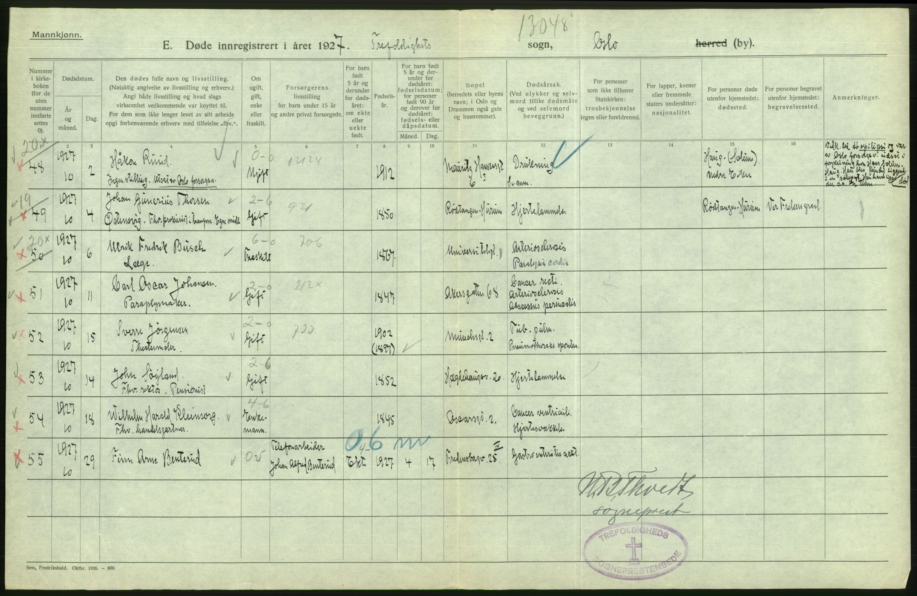 Statistisk sentralbyrå, Sosiodemografiske emner, Befolkning, RA/S-2228/D/Df/Dfc/Dfcg/L0009: Oslo: Døde menn, 1927, s. 82