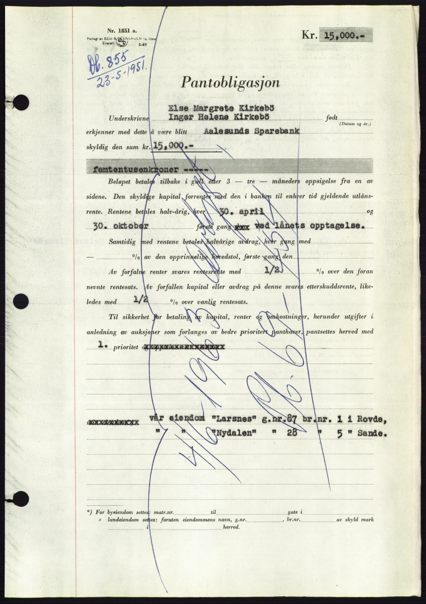 Søre Sunnmøre sorenskriveri, AV/SAT-A-4122/1/2/2C/L0120: Pantebok nr. 8B, 1951-1951, Dagboknr: 855/1951