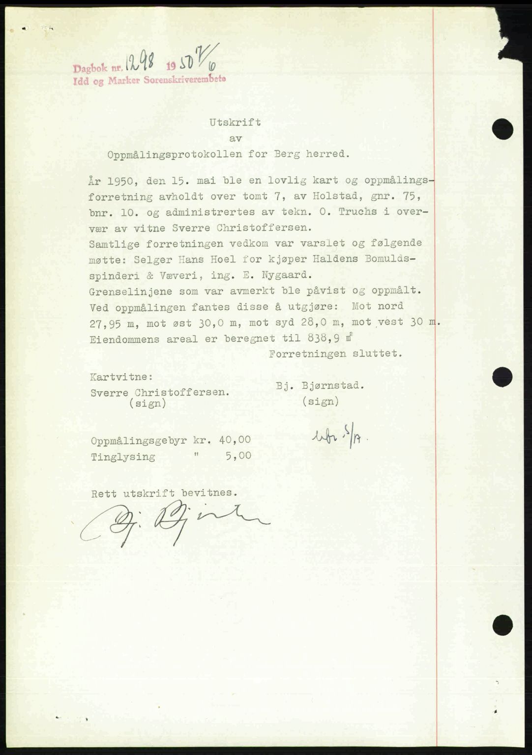 Idd og Marker sorenskriveri, AV/SAO-A-10283/G/Gb/Gbb/L0014: Pantebok nr. A14, 1950-1950, Dagboknr: 1298/1950