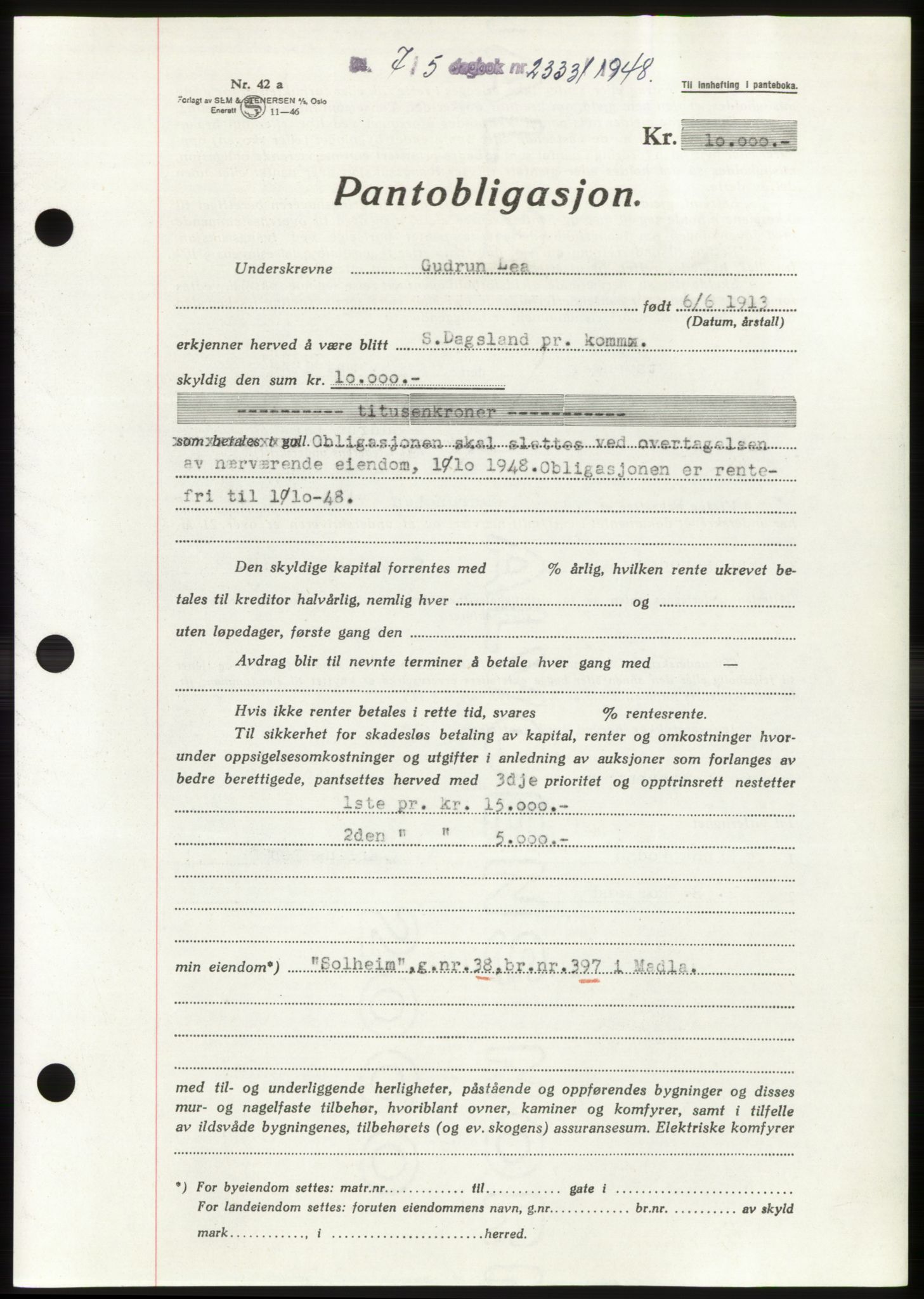 Jæren sorenskriveri, SAST/A-100310/03/G/Gba/L0099: Pantebok, 1948-1948, Dagboknr: 2333/1948
