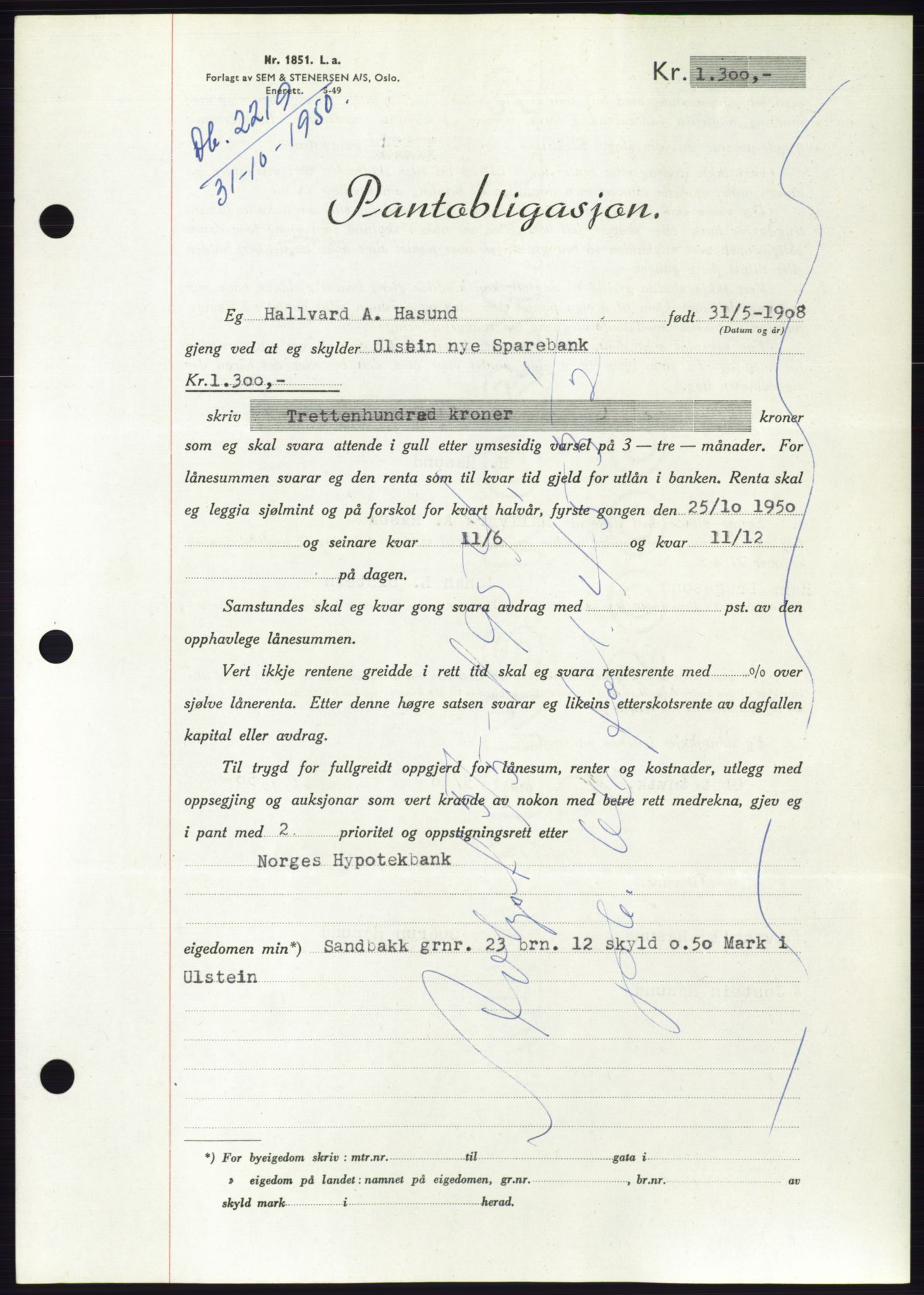 Søre Sunnmøre sorenskriveri, SAT/A-4122/1/2/2C/L0119: Pantebok nr. 7B, 1950-1951, Dagboknr: 2219/1950