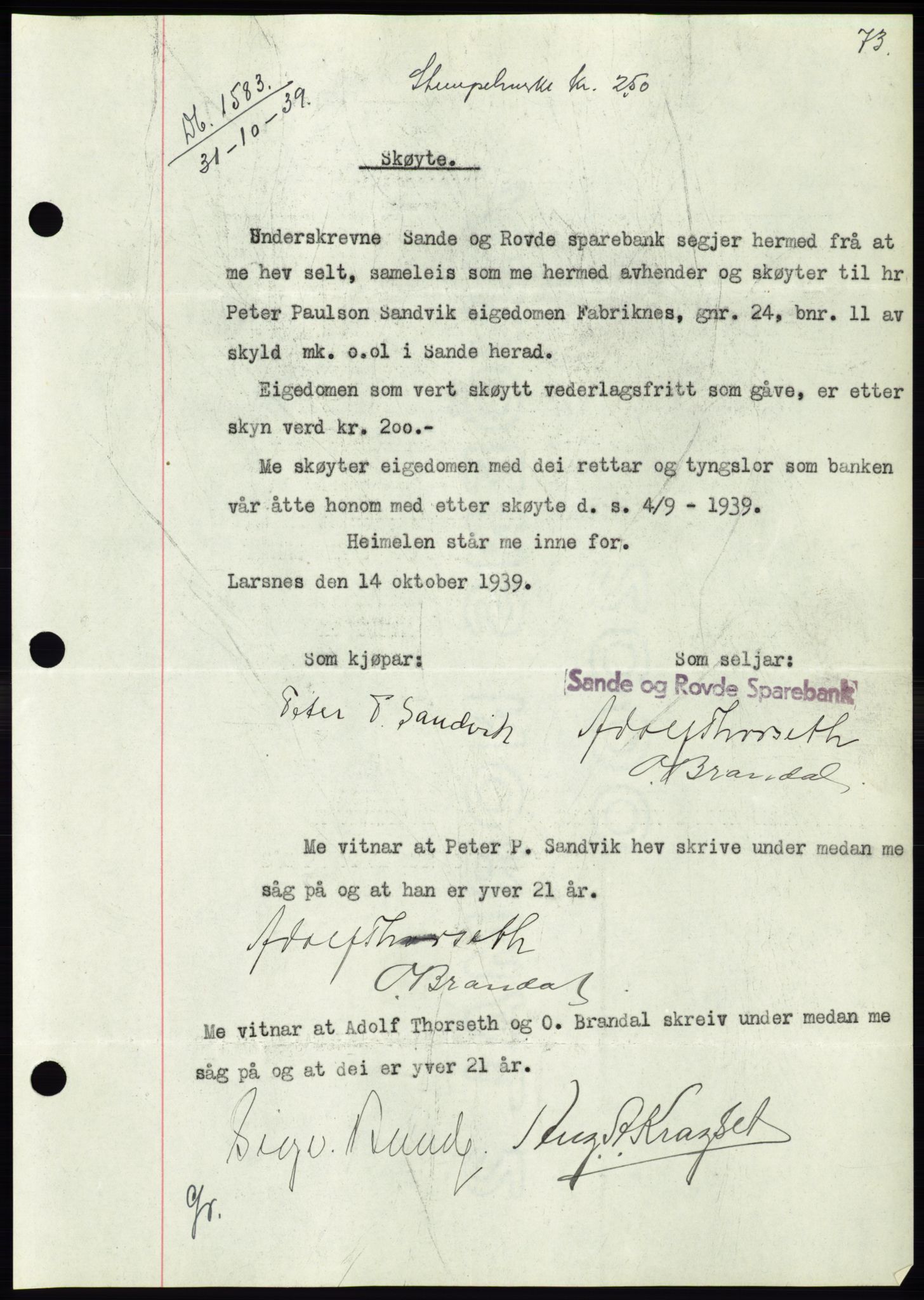Søre Sunnmøre sorenskriveri, SAT/A-4122/1/2/2C/L0069: Pantebok nr. 63, 1939-1940, Dagboknr: 1583/1939