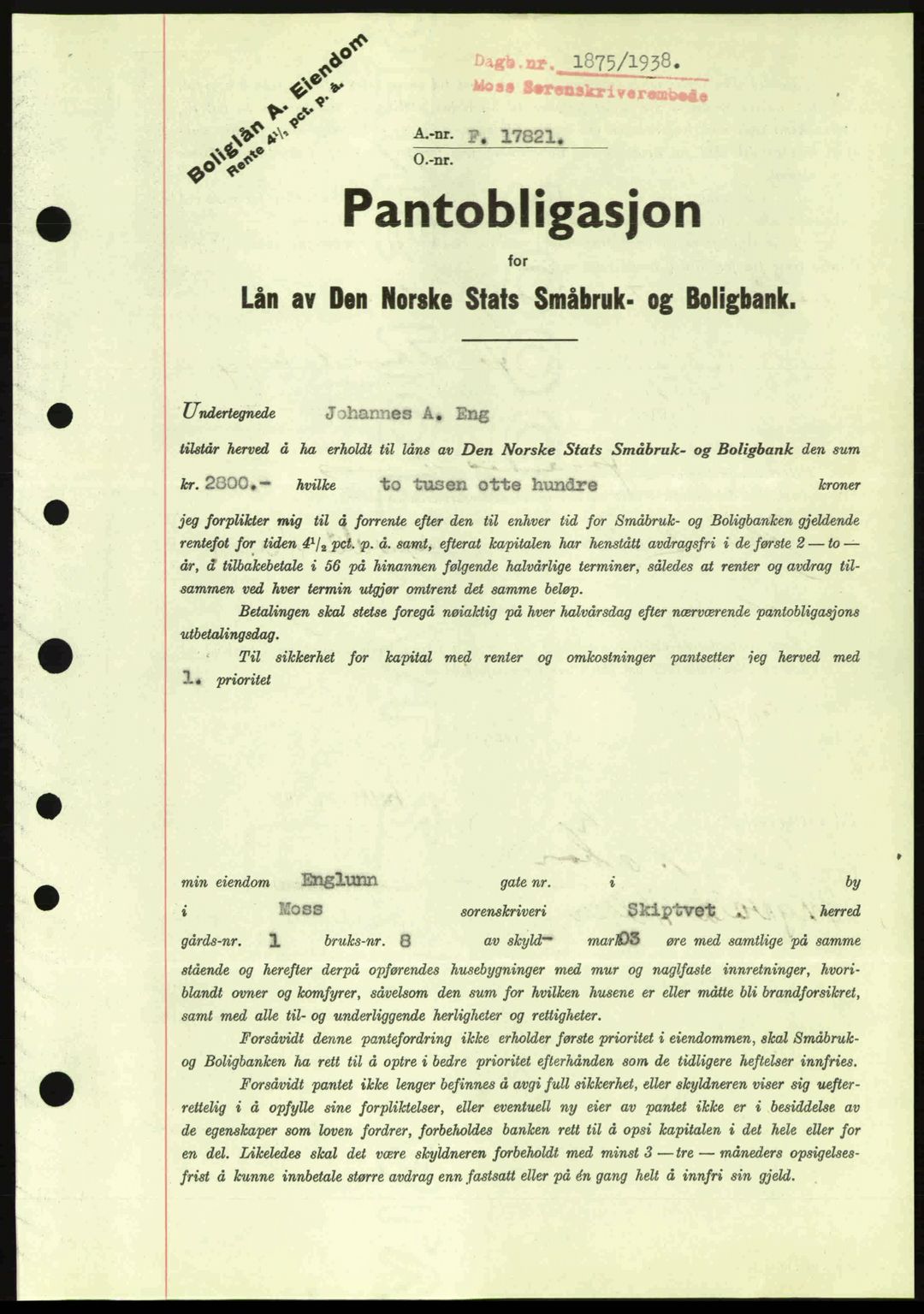 Moss sorenskriveri, SAO/A-10168: Pantebok nr. B6, 1938-1938, Dagboknr: 1875/1938