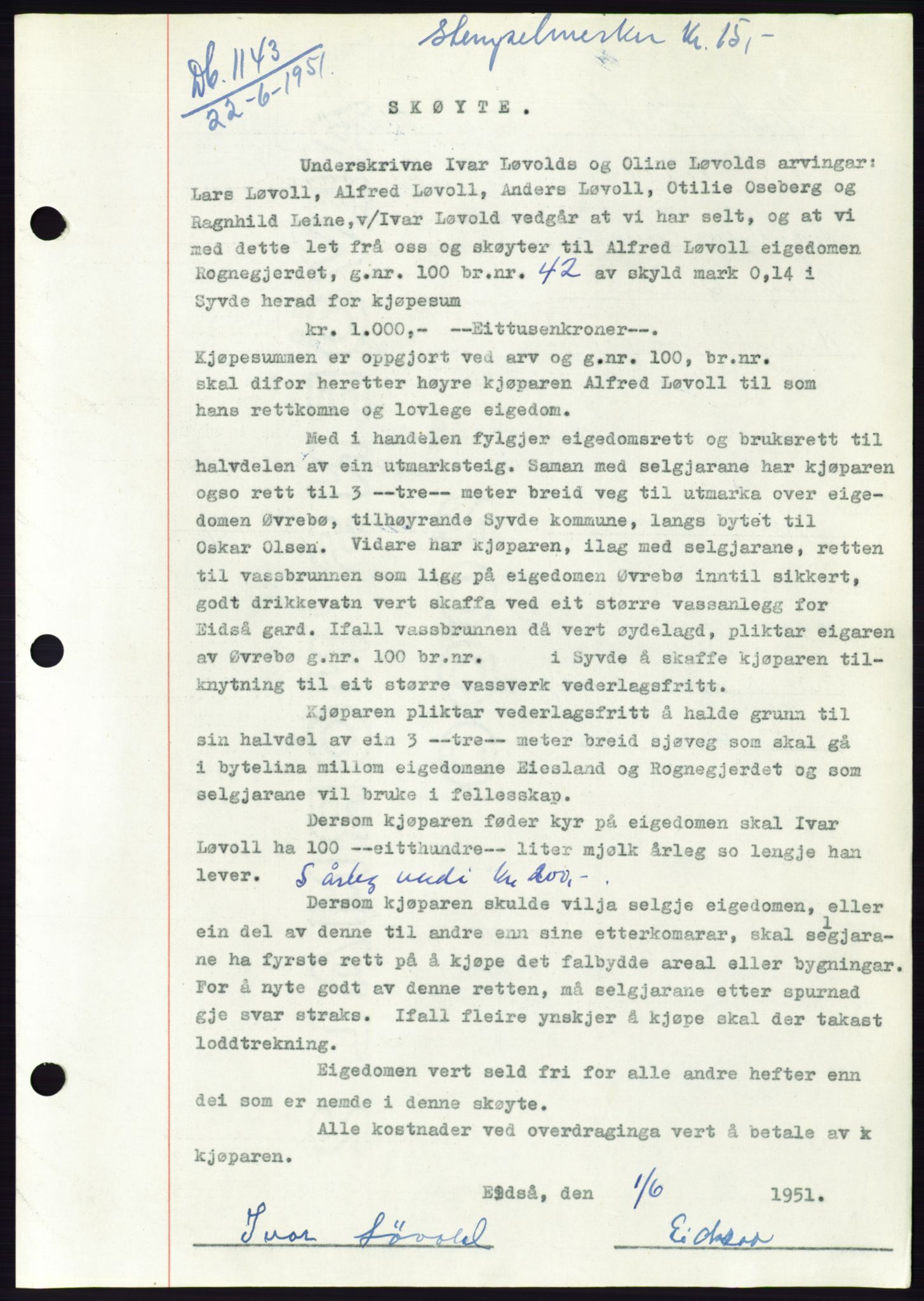 Søre Sunnmøre sorenskriveri, SAT/A-4122/1/2/2C/L0089: Pantebok nr. 15A, 1951-1951, Dagboknr: 1143/1951