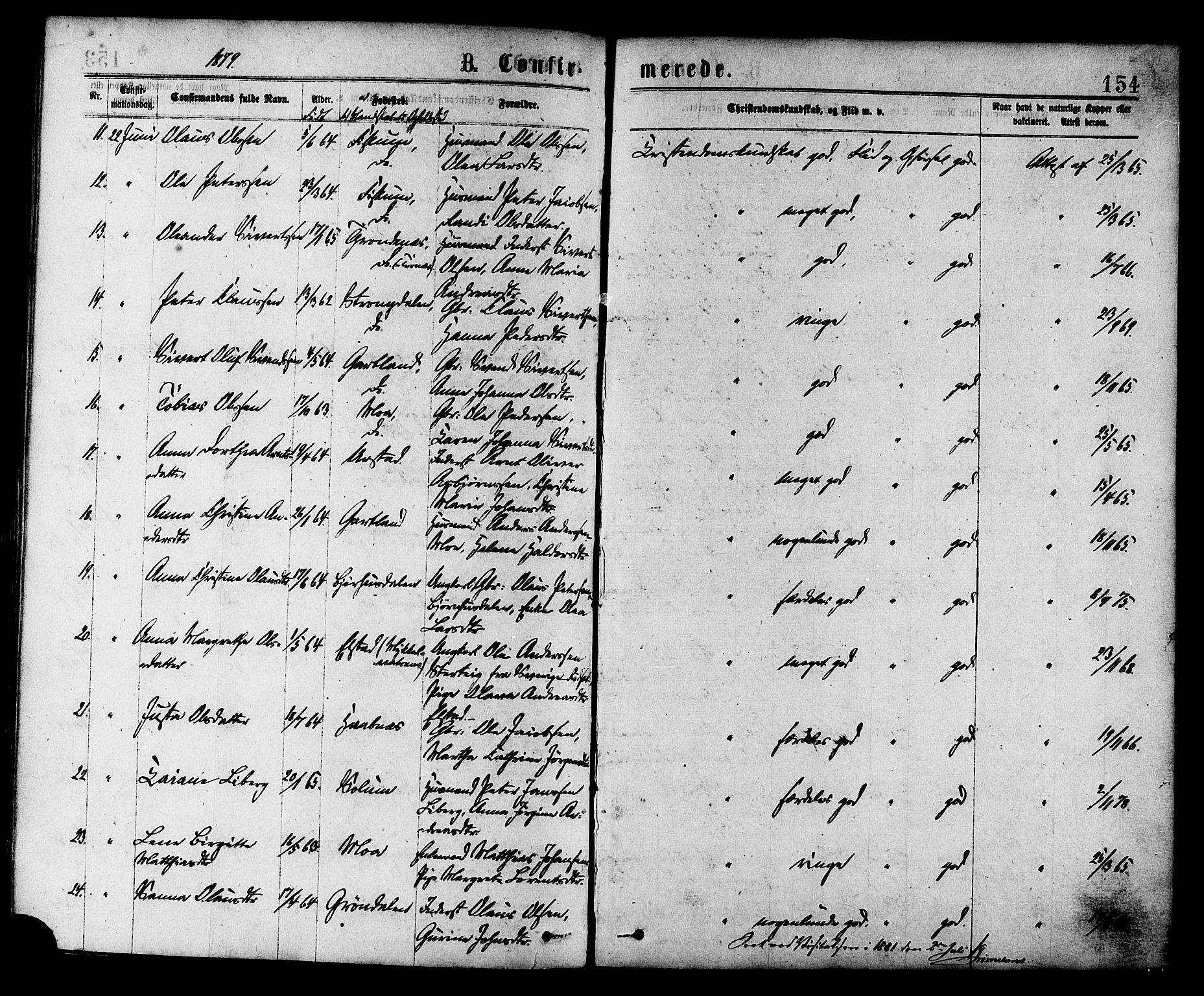 Ministerialprotokoller, klokkerbøker og fødselsregistre - Nord-Trøndelag, AV/SAT-A-1458/758/L0516: Ministerialbok nr. 758A03 /1, 1869-1879, s. 154