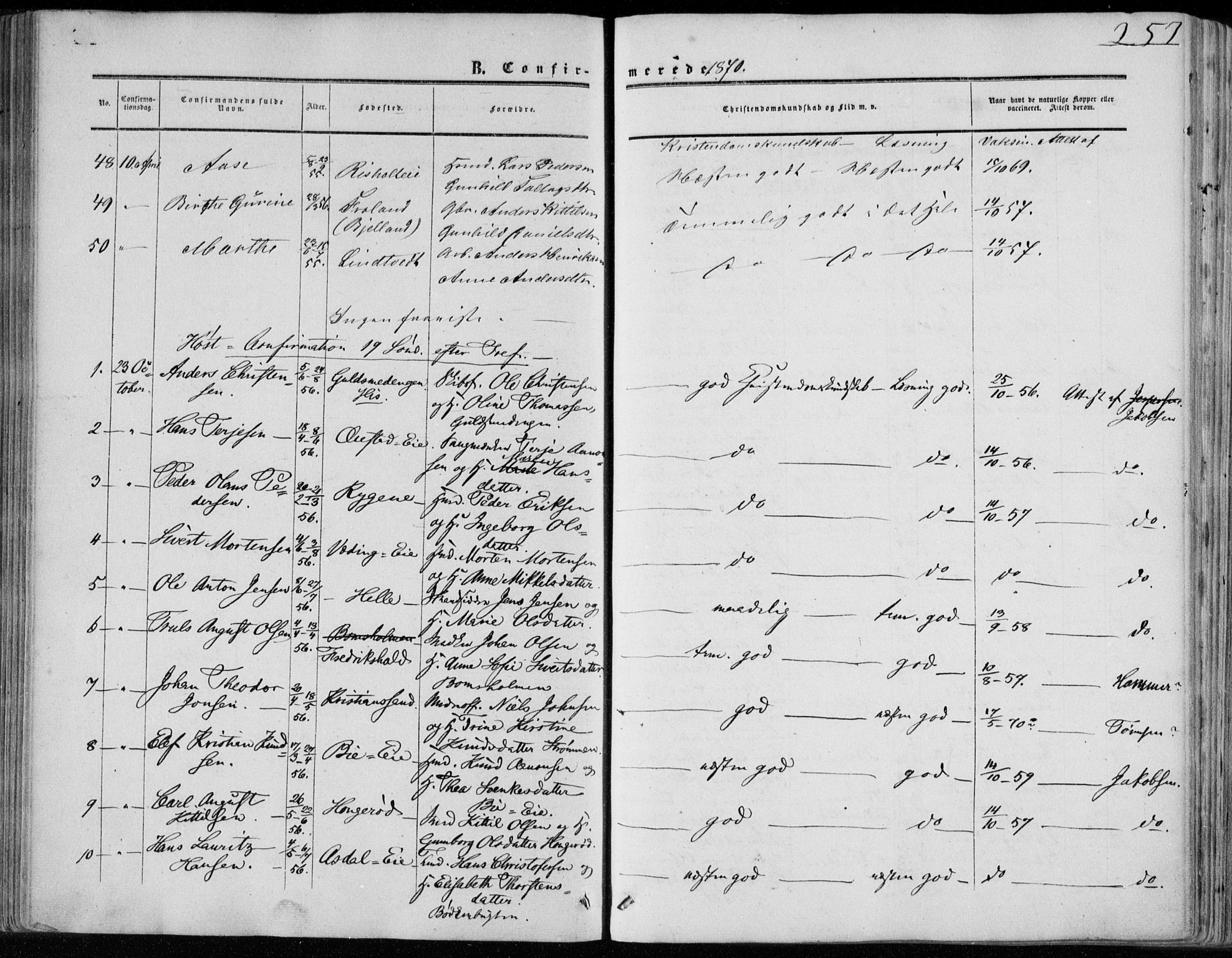 Øyestad sokneprestkontor, AV/SAK-1111-0049/F/Fa/L0015: Ministerialbok nr. A 15, 1857-1873, s. 257
