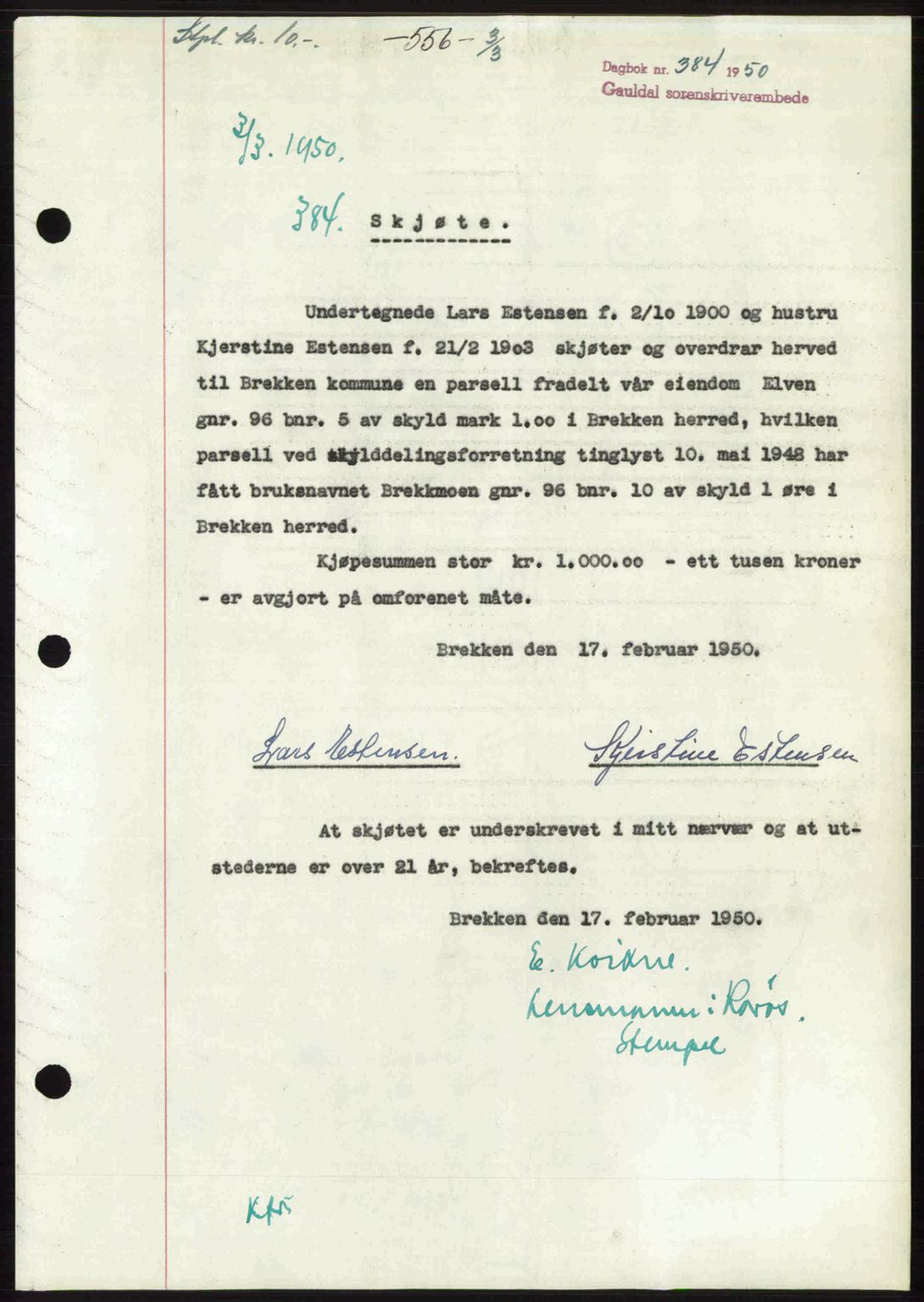 Gauldal sorenskriveri, SAT/A-0014/1/2/2C: Pantebok nr. A9, 1949-1950, Dagboknr: 384/1950