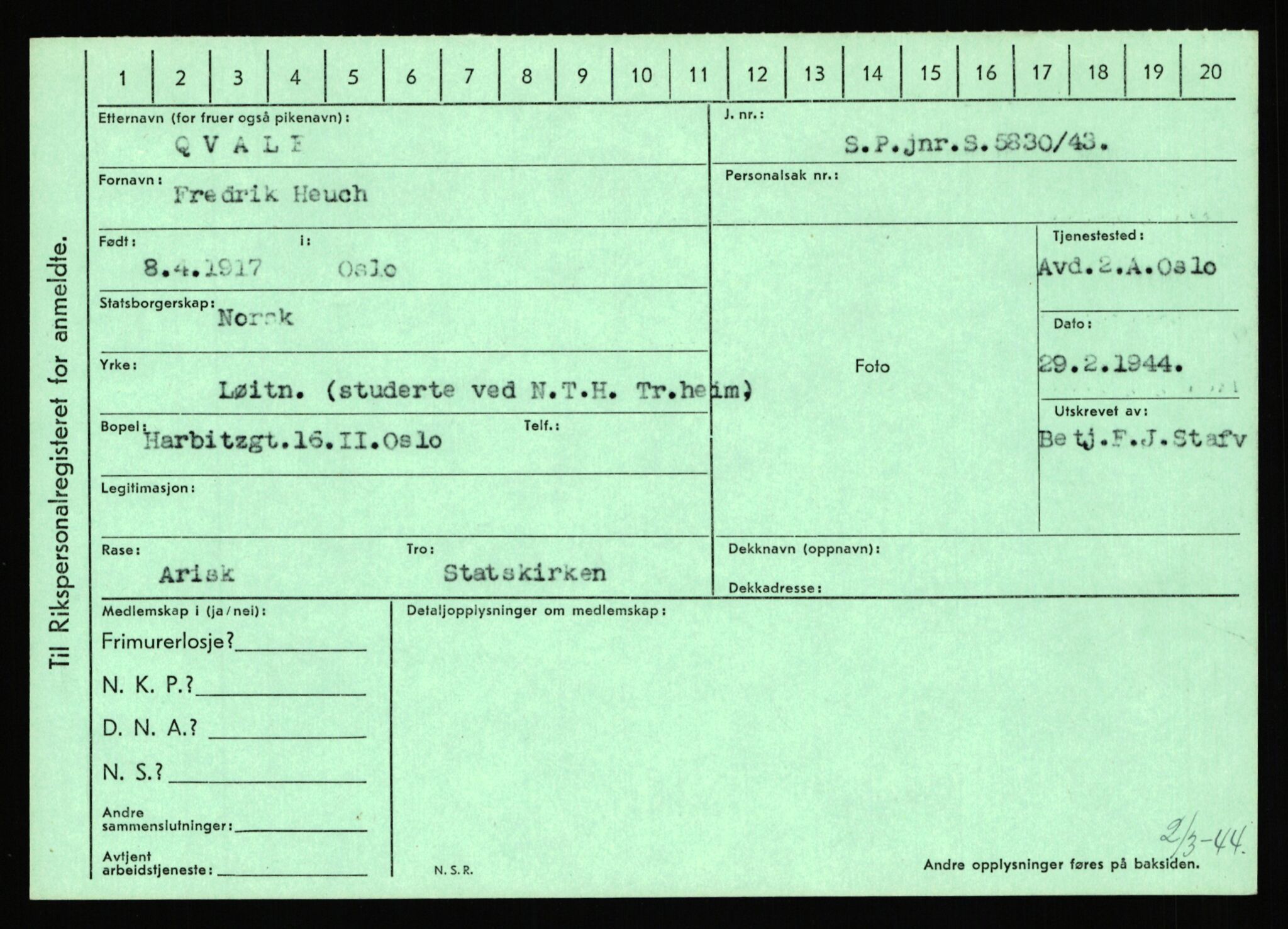 Statspolitiet - Hovedkontoret / Osloavdelingen, AV/RA-S-1329/C/Ca/L0012: Oanæs - Quistgaard	, 1943-1945, s. 4957