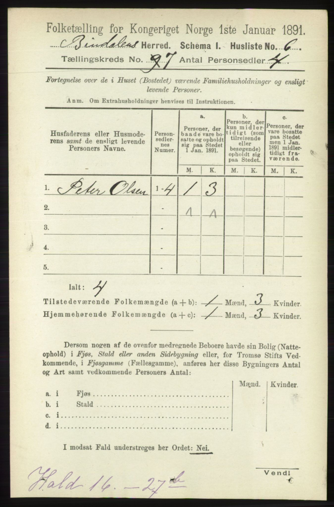 RA, Folketelling 1891 for 1811 Bindal herred, 1891, s. 2201