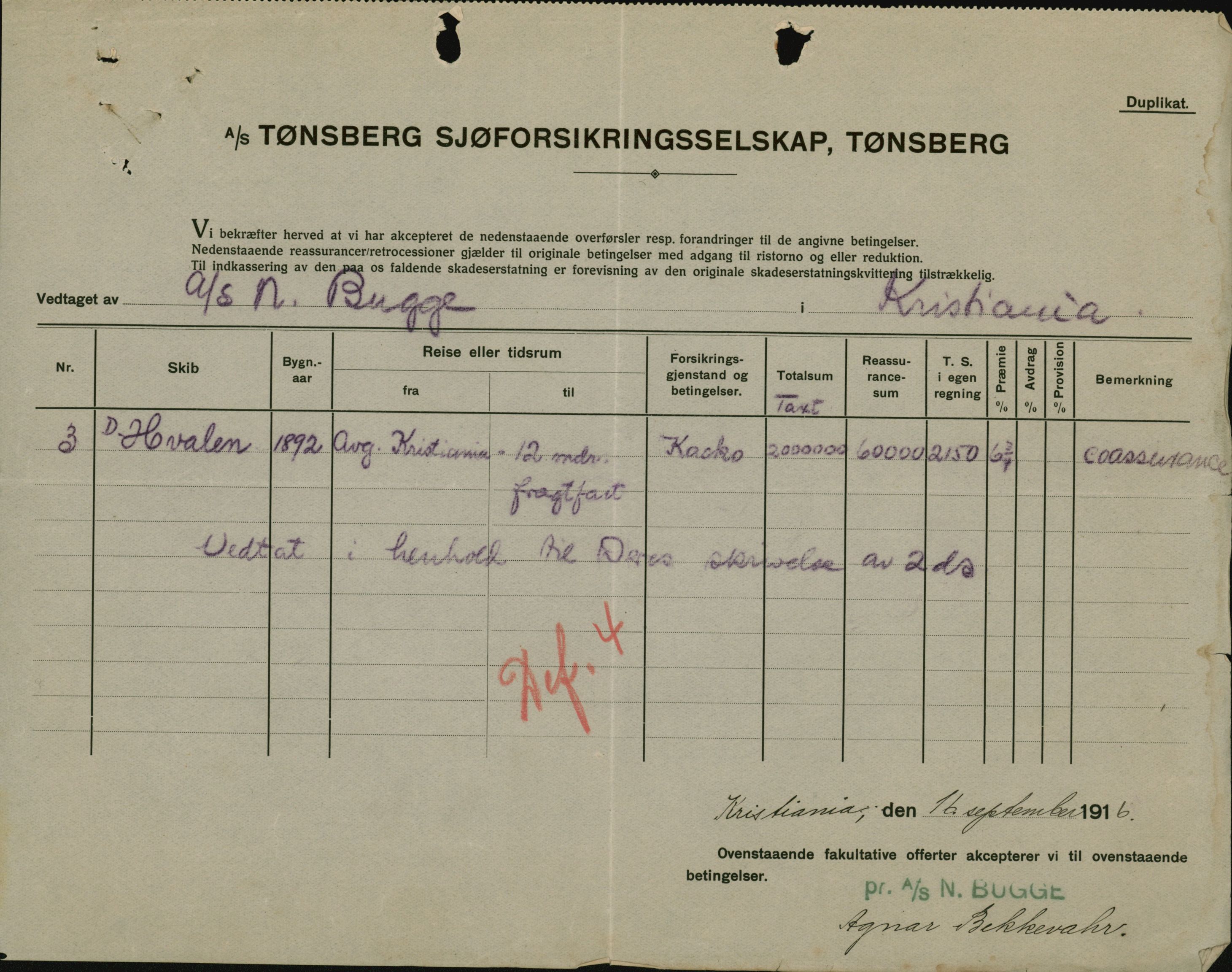 Pa 664 - Tønsberg Sjøforsikringsselskap, VEMU/A-1773/F/L0001: Forsikringspoliser, 1915-1918