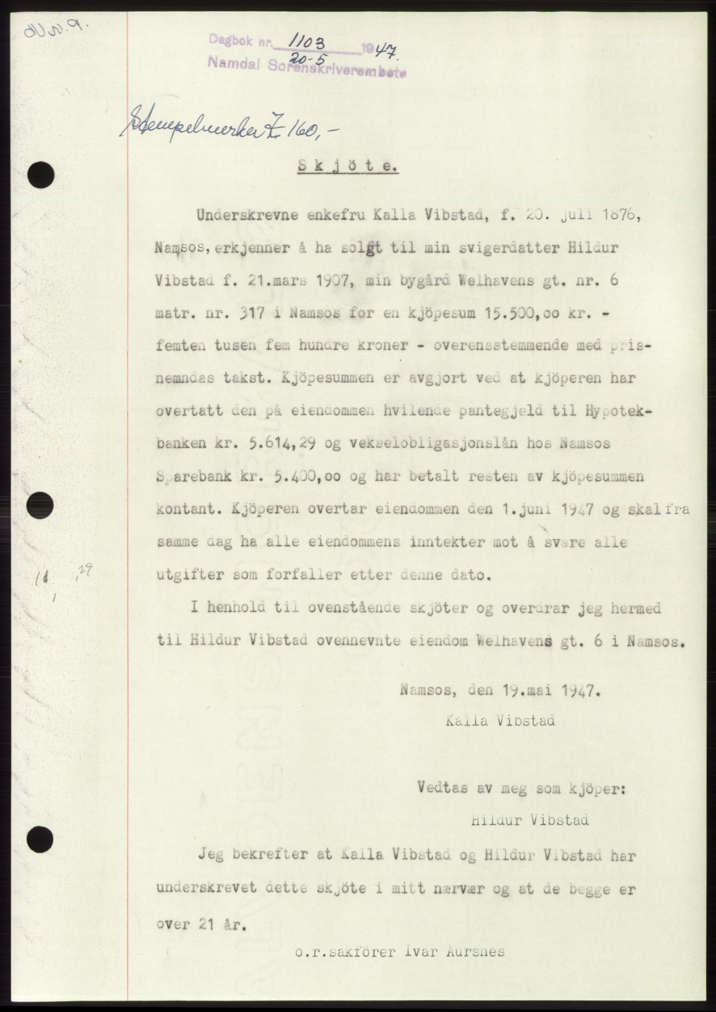Namdal sorenskriveri, SAT/A-4133/1/2/2C: Pantebok nr. -, 1947-1947, Dagboknr: 1103/1947