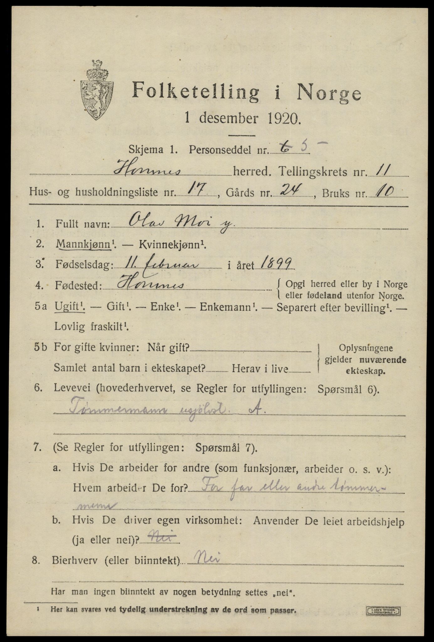 SAK, Folketelling 1920 for 0936 Hornnes herred, 1920, s. 2839
