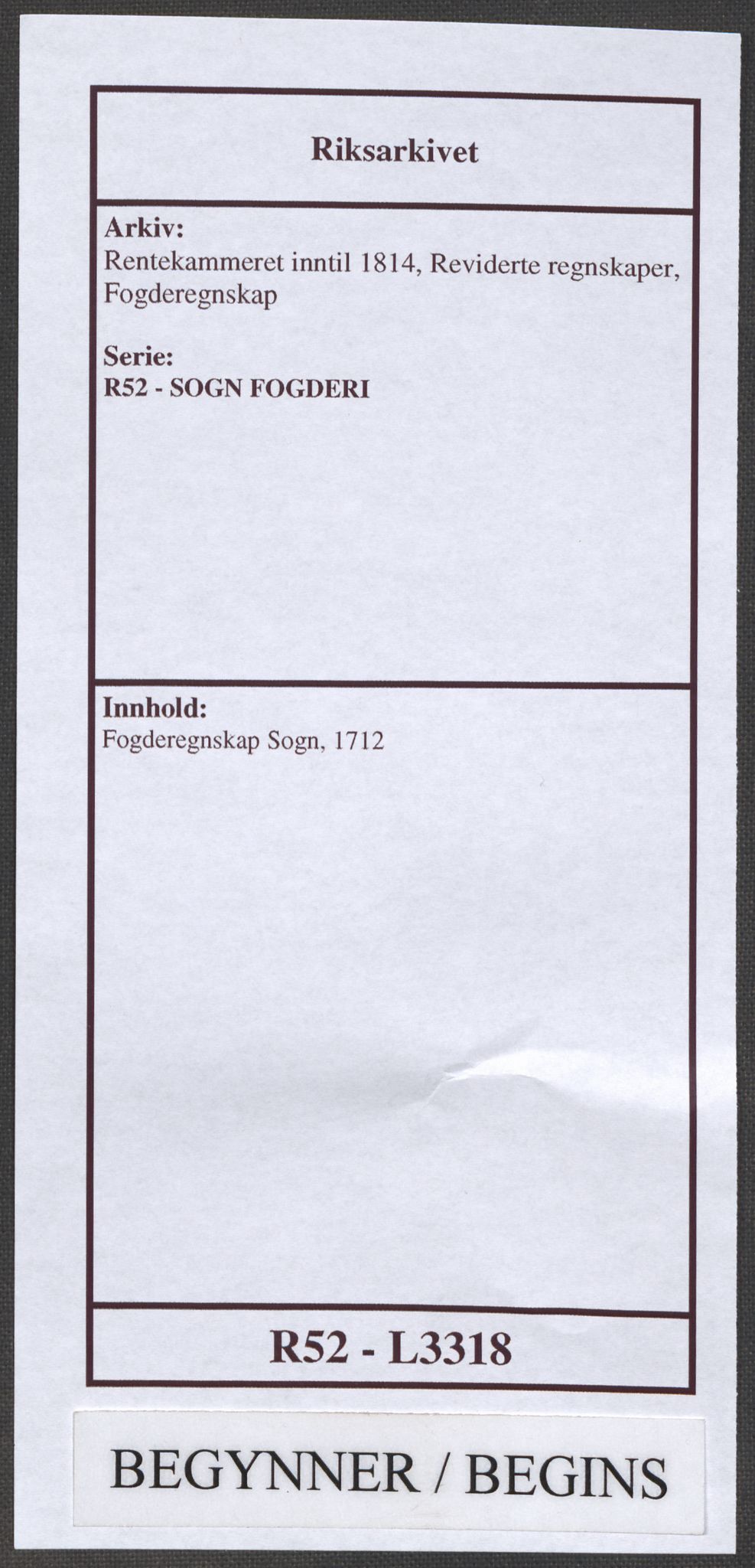 Rentekammeret inntil 1814, Reviderte regnskaper, Fogderegnskap, RA/EA-4092/R52/L3318: Fogderegnskap Sogn, 1712, s. 1