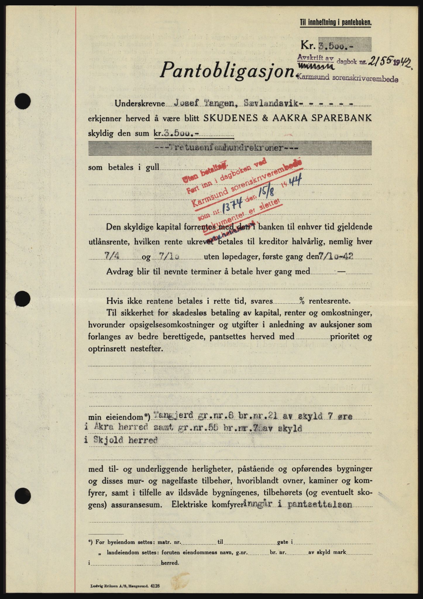 Karmsund sorenskriveri, SAST/A-100311/01/II/IIBBE/L0008: Pantebok nr. B 54, 1942-1943, Dagboknr: 2155/1942