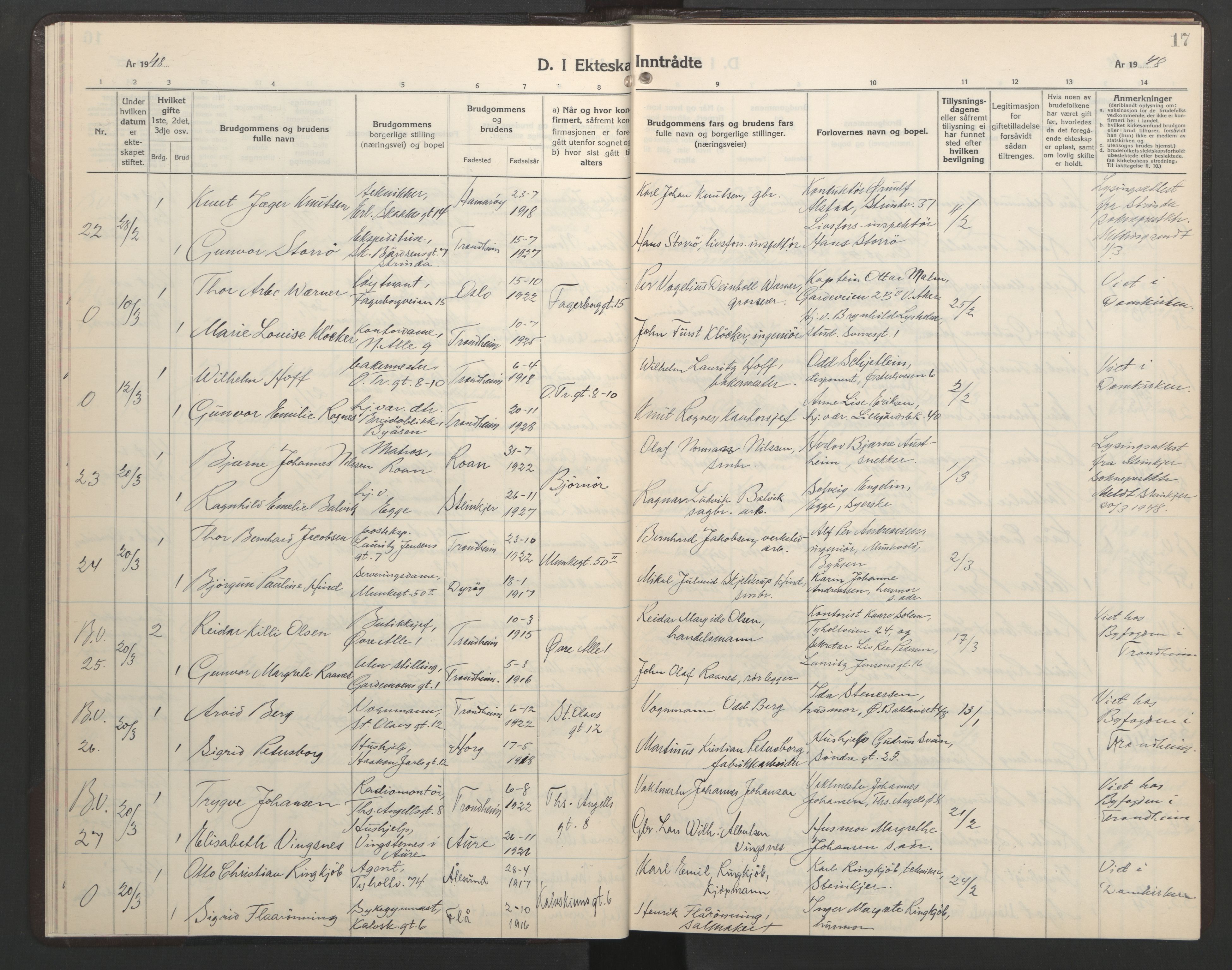 Ministerialprotokoller, klokkerbøker og fødselsregistre - Sør-Trøndelag, AV/SAT-A-1456/602/L0155: Klokkerbok nr. 602C23, 1947-1950, s. 17