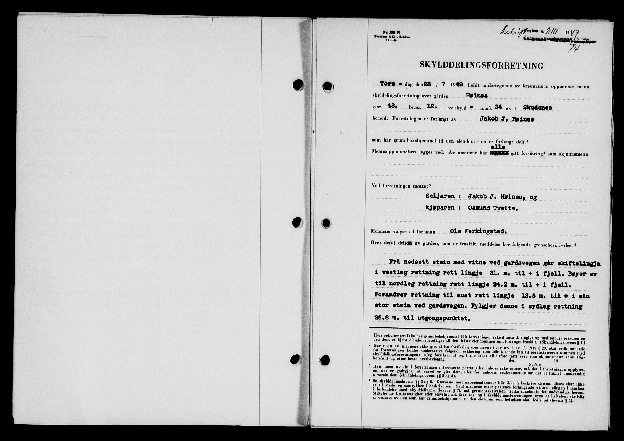 Karmsund sorenskriveri, SAST/A-100311/01/II/IIB/L0097: Pantebok nr. 77A, 1949-1949, Dagboknr: 2111/1949
