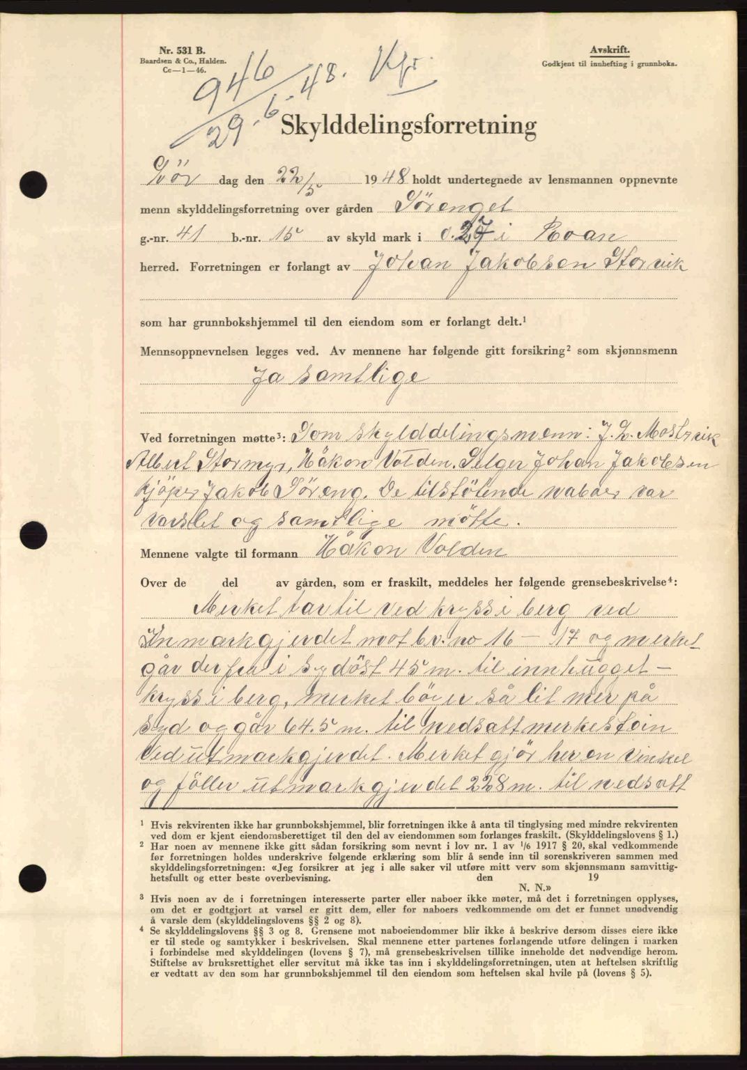 Fosen sorenskriveri, AV/SAT-A-1107/1/2/2C: Pantebok nr. A8, 1948-1948, Dagboknr: 946/1948