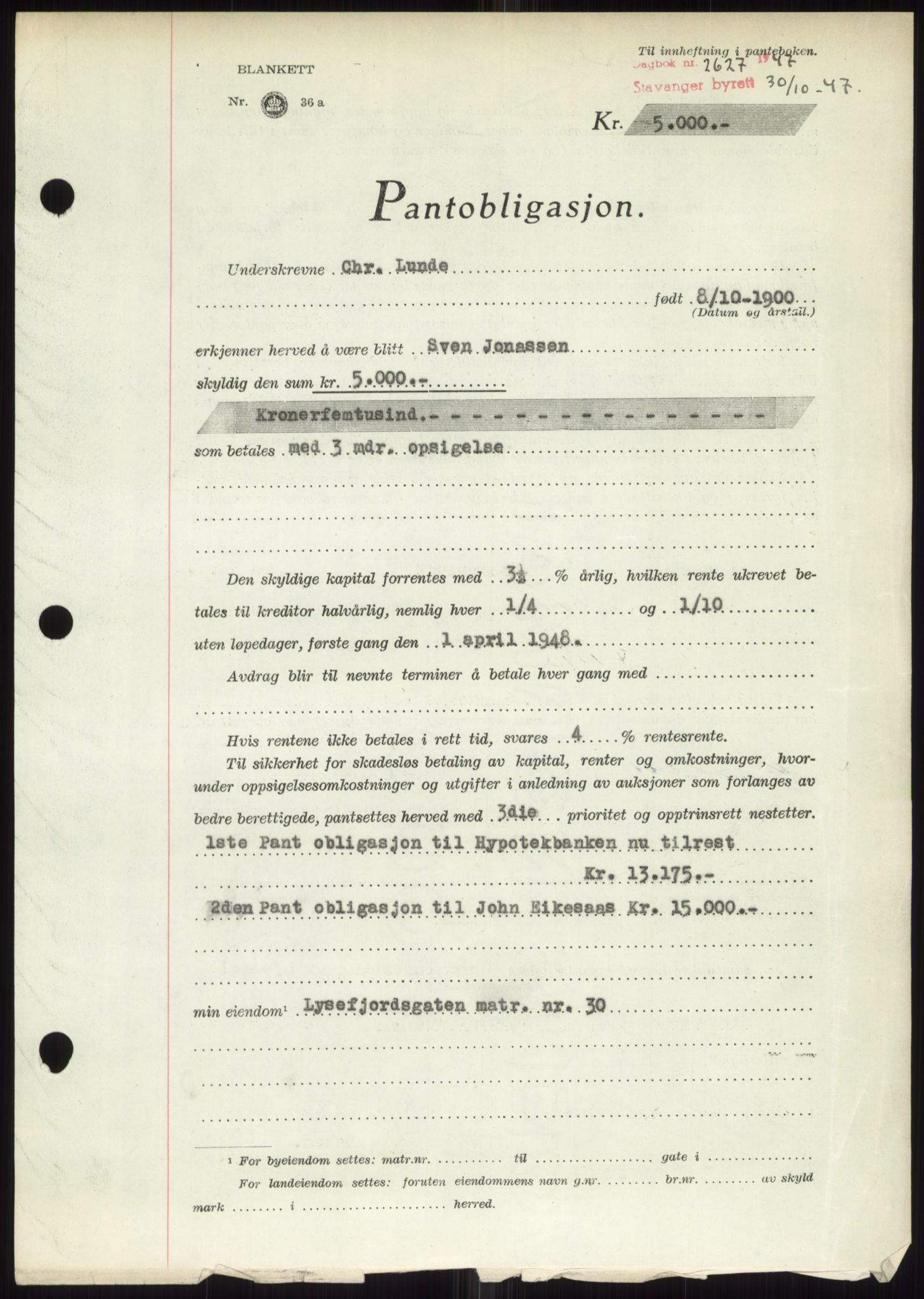 Stavanger byrett, SAST/A-100455/002/G/Gb/L0032: Pantebok, 1947-1950, Dagboknr: 2627/1947