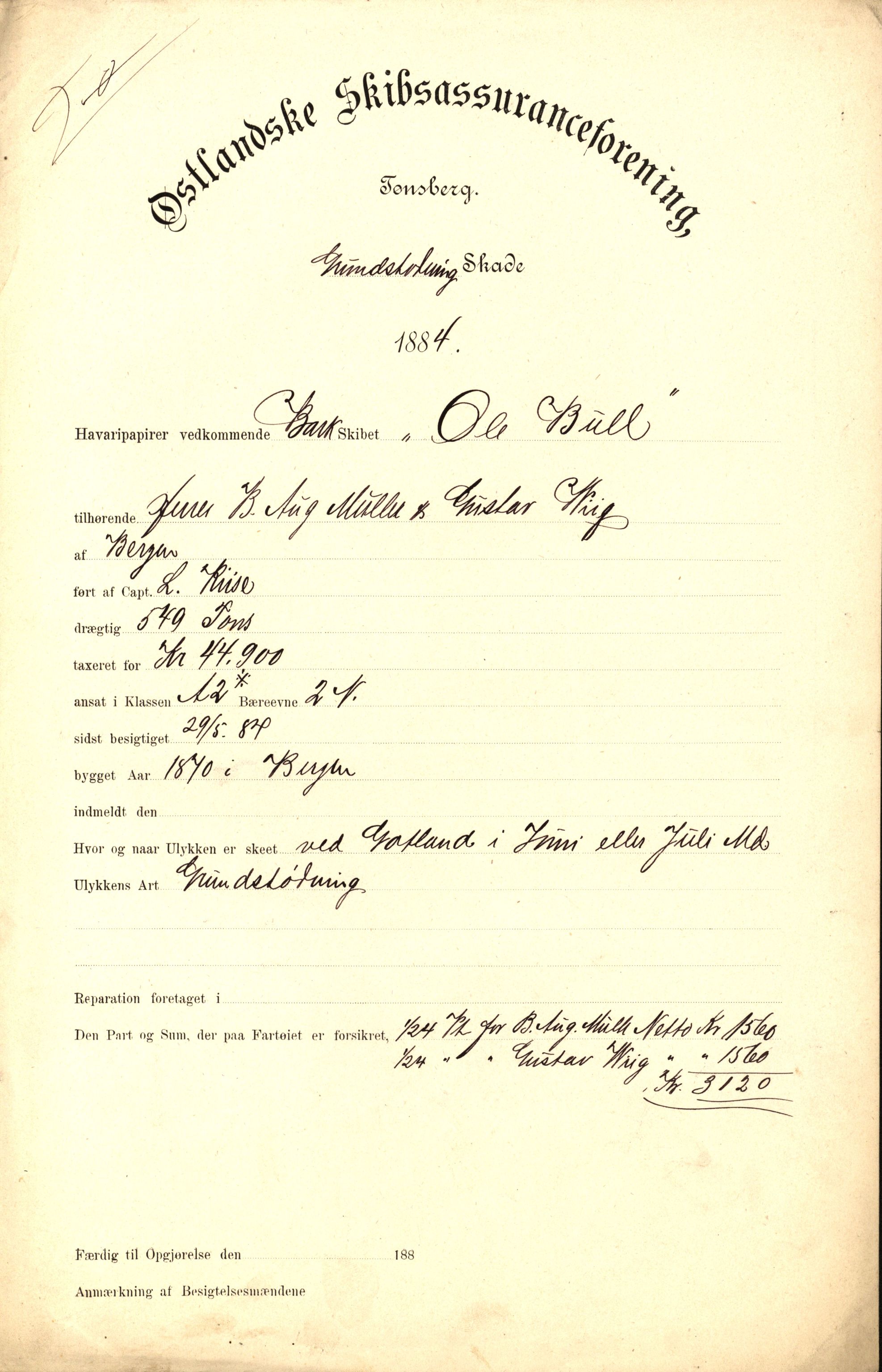 Pa 63 - Østlandske skibsassuranceforening, VEMU/A-1079/G/Ga/L0017/0003: Havaridokumenter / Alma, Aise, Ole Bull, Tellus, Frank, 1884, s. 18