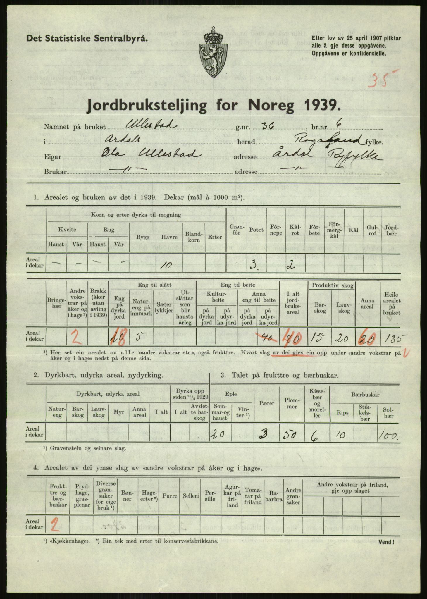 Statistisk sentralbyrå, Næringsøkonomiske emner, Jordbruk, skogbruk, jakt, fiske og fangst, AV/RA-S-2234/G/Gb/L0184: Rogaland: Årdal, Fister og Hjelmeland, 1939, s. 615