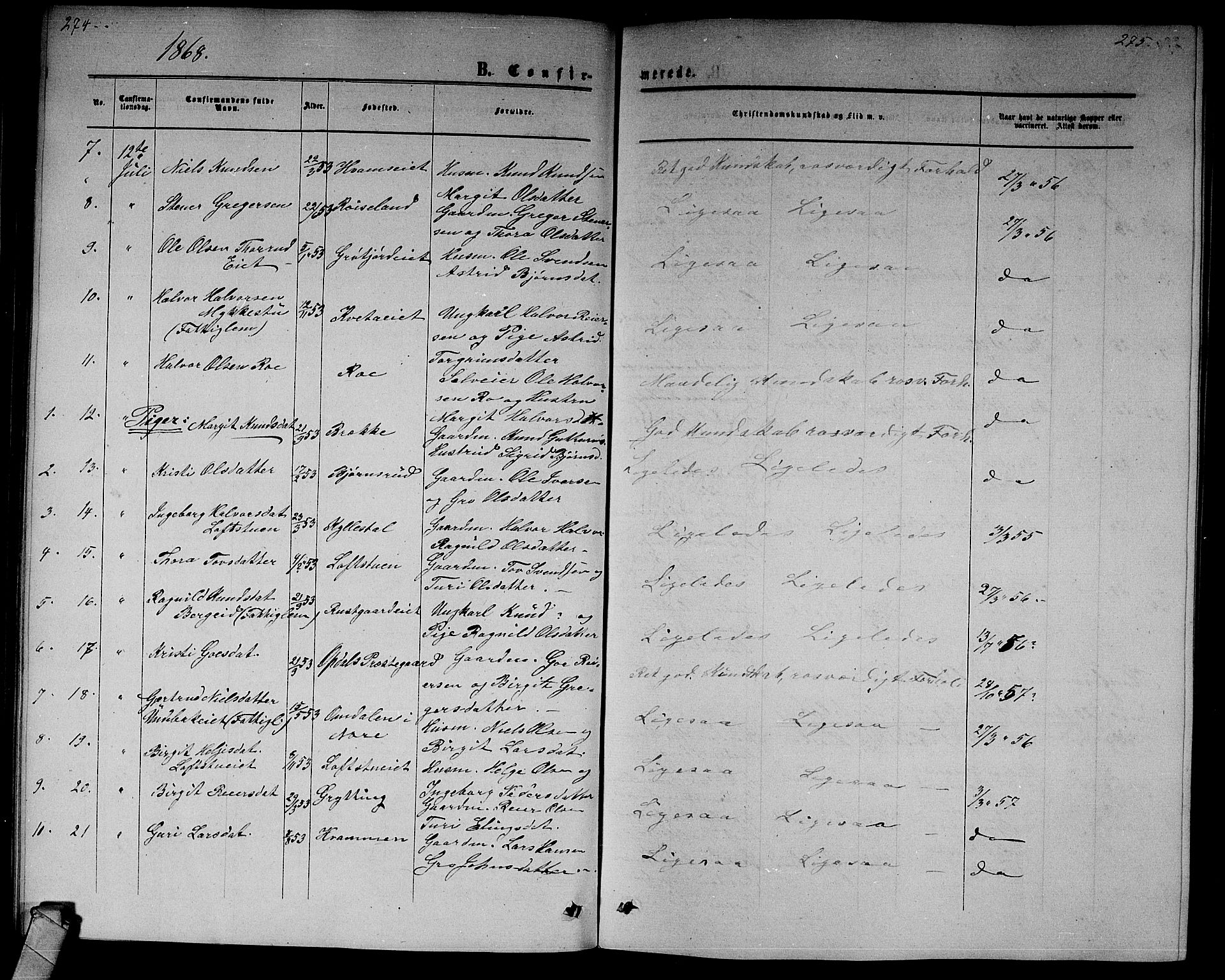 Nore kirkebøker, AV/SAKO-A-238/G/Gb/L0001: Klokkerbok nr. II 1, 1862-1877, s. 274-275