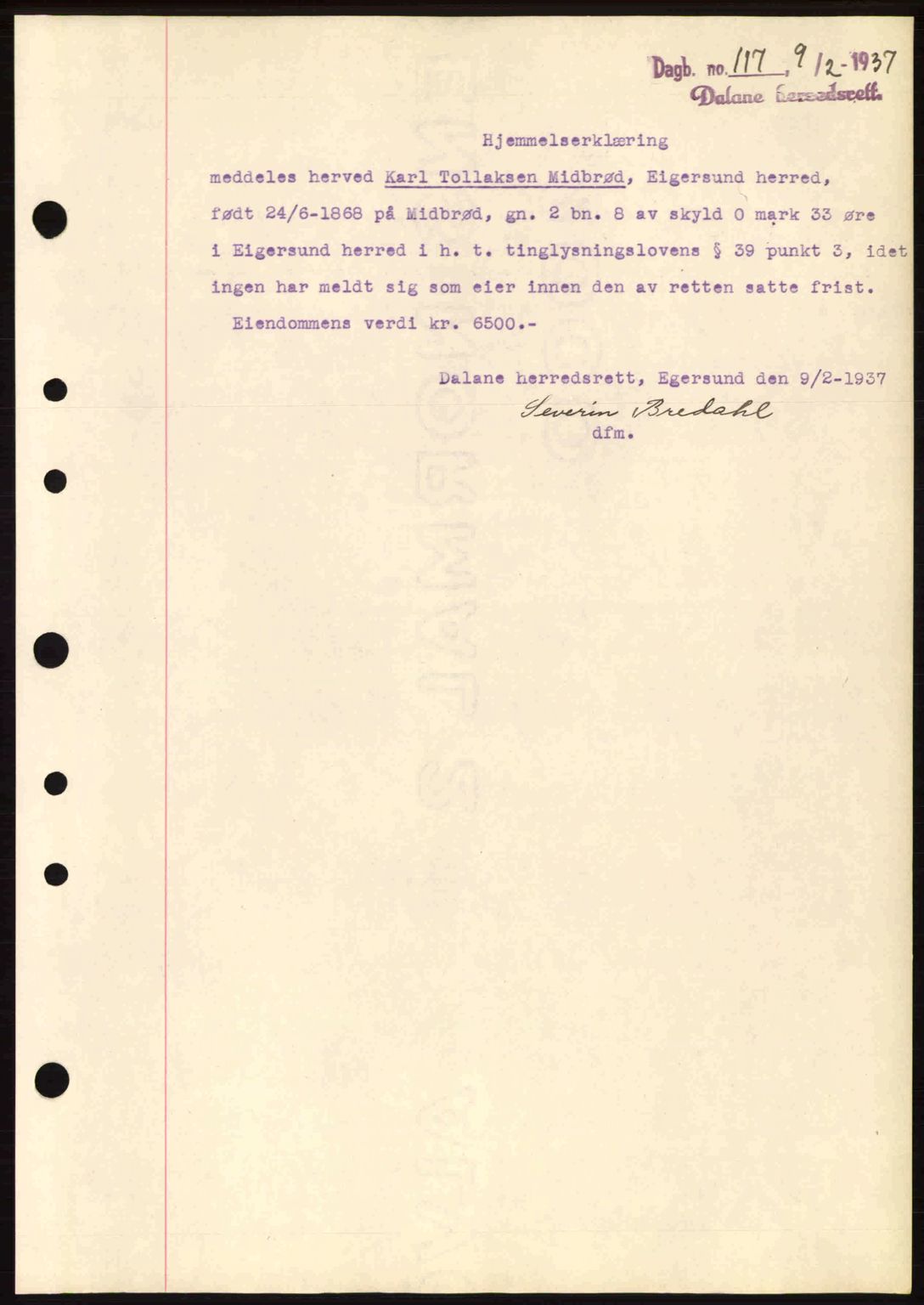 Dalane sorenskriveri, SAST/A-100309/02/G/Gb/L0041: Pantebok nr. A2, 1936-1937, Dagboknr: 117/1937