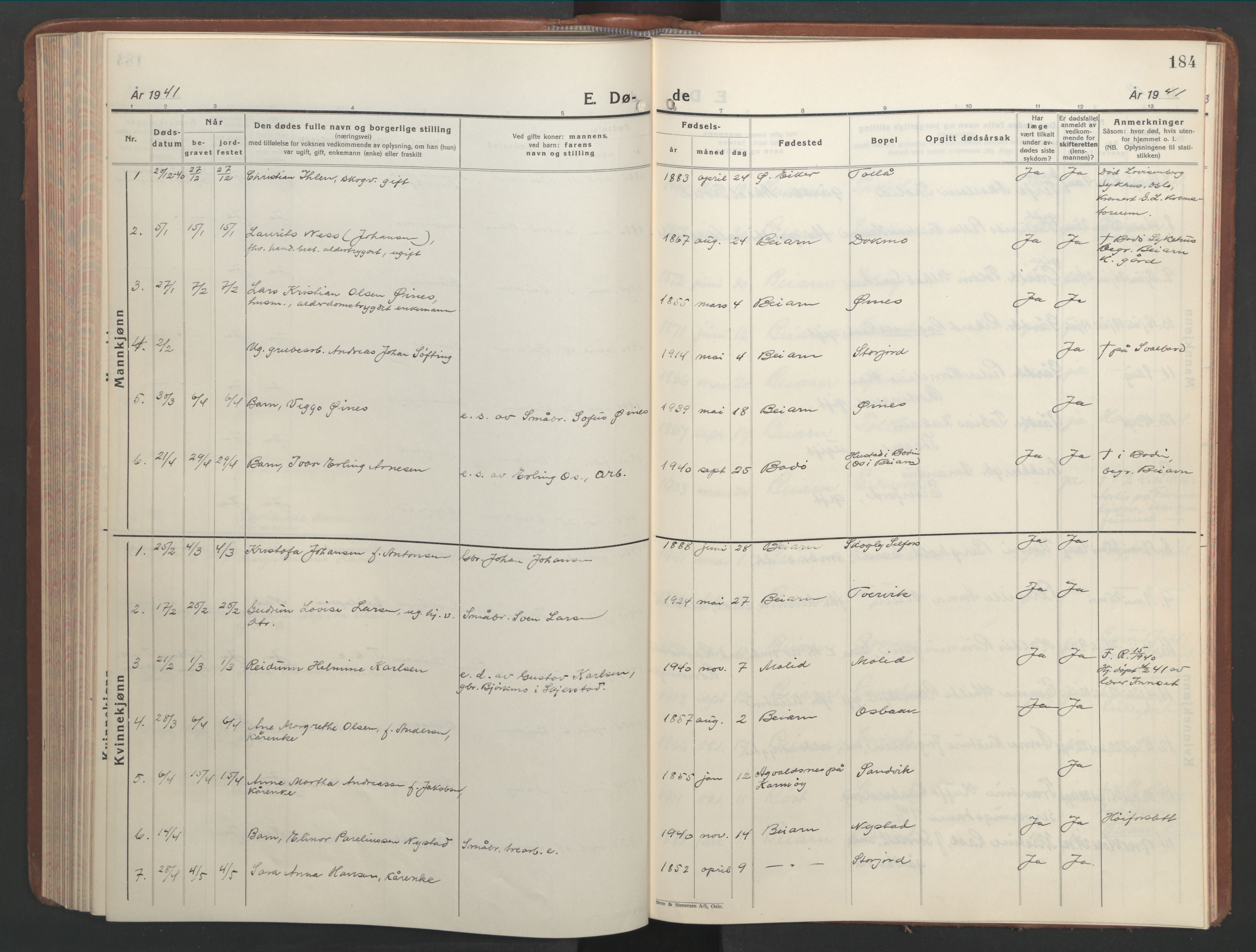 Ministerialprotokoller, klokkerbøker og fødselsregistre - Nordland, SAT/A-1459/846/L0657: Klokkerbok nr. 846C07, 1936-1952, s. 184