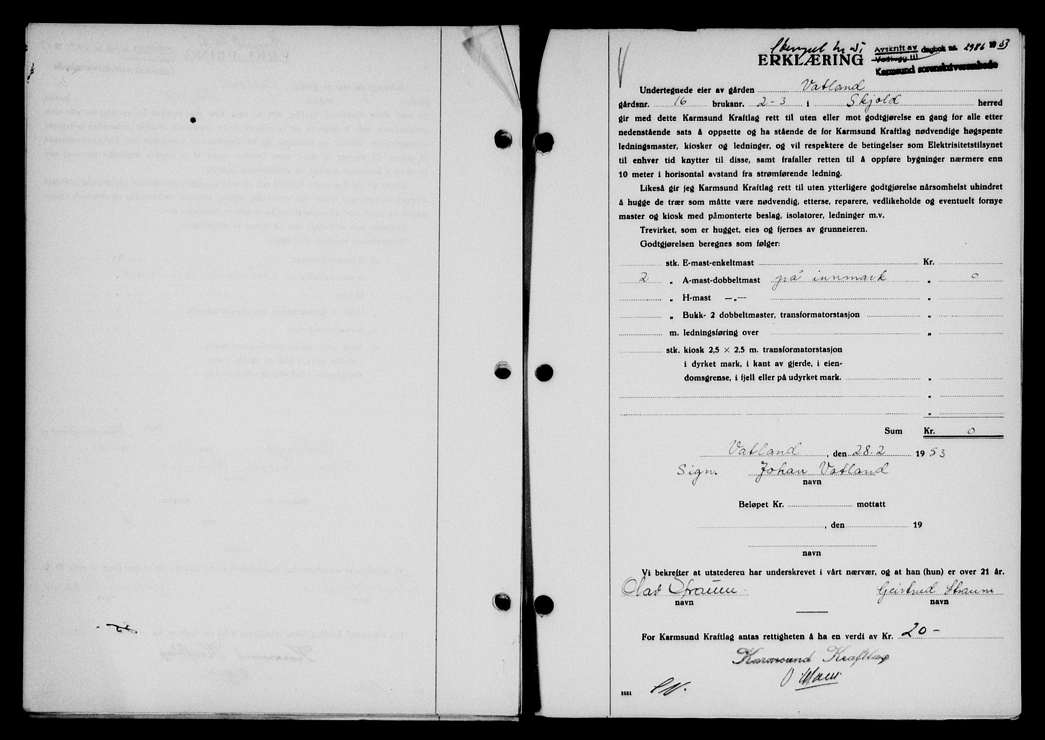 Karmsund sorenskriveri, SAST/A-100311/01/II/IIB/L0109: Pantebok nr. 89A, 1953-1953, Dagboknr: 2986/1953