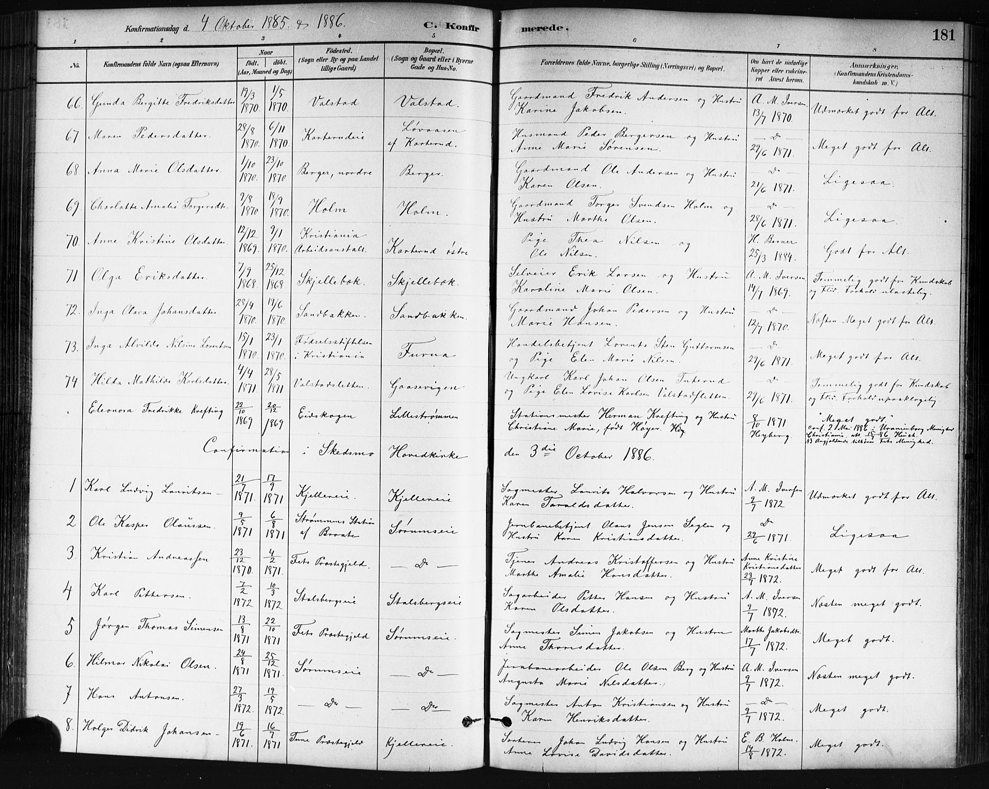 Skedsmo prestekontor Kirkebøker, AV/SAO-A-10033a/G/Ga/L0004: Klokkerbok nr. I 4, 1883-1895, s. 181