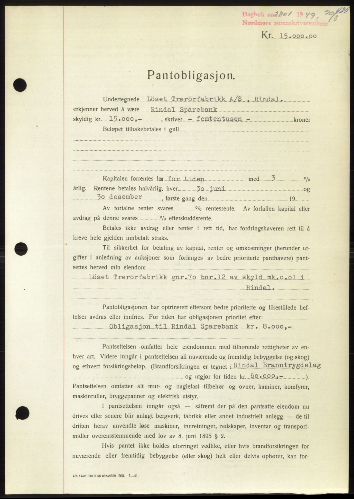 Nordmøre sorenskriveri, SAT/A-4132/1/2/2Ca: Pantebok nr. B102, 1949-1949, Dagboknr: 2301/1949