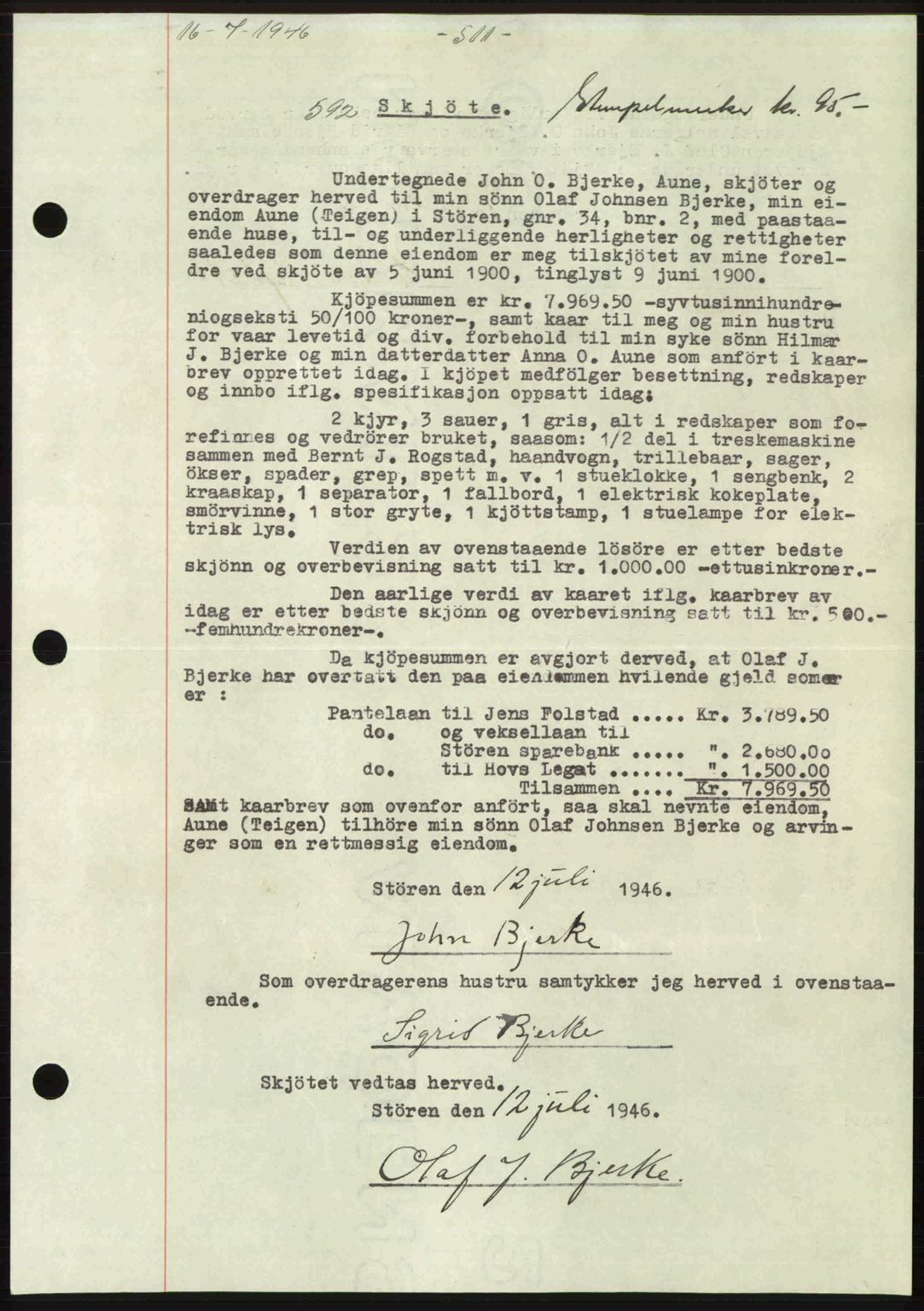 Gauldal sorenskriveri, SAT/A-0014/1/2/2C: Pantebok nr. A2, 1946-1946, Dagboknr: 592/1946